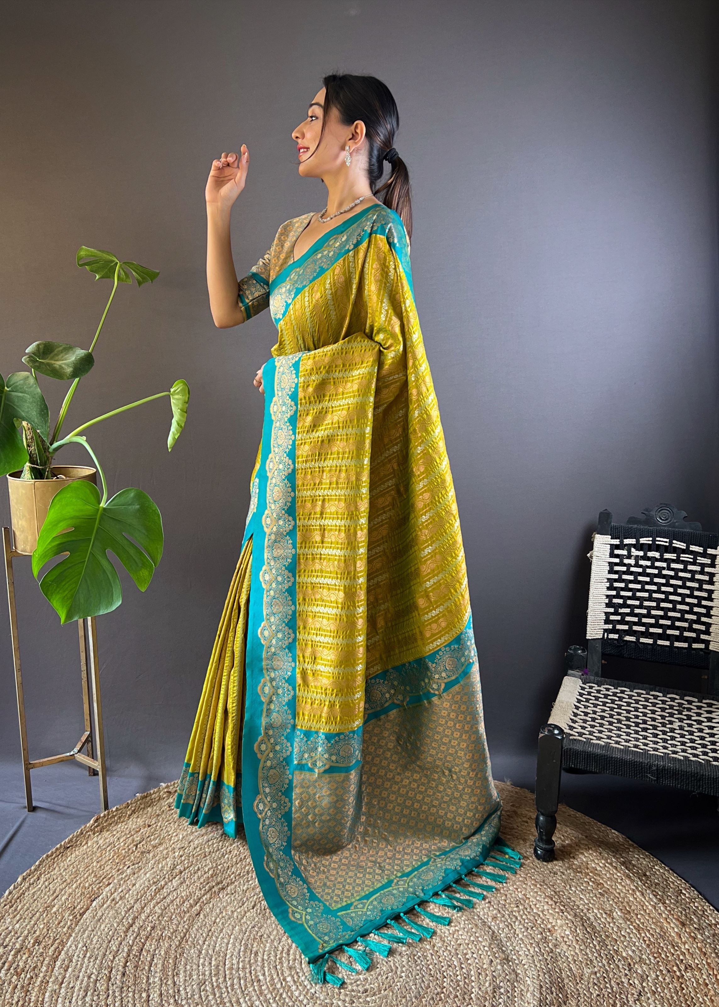 Olive Silk Blend Saree With Zari and Woven Work