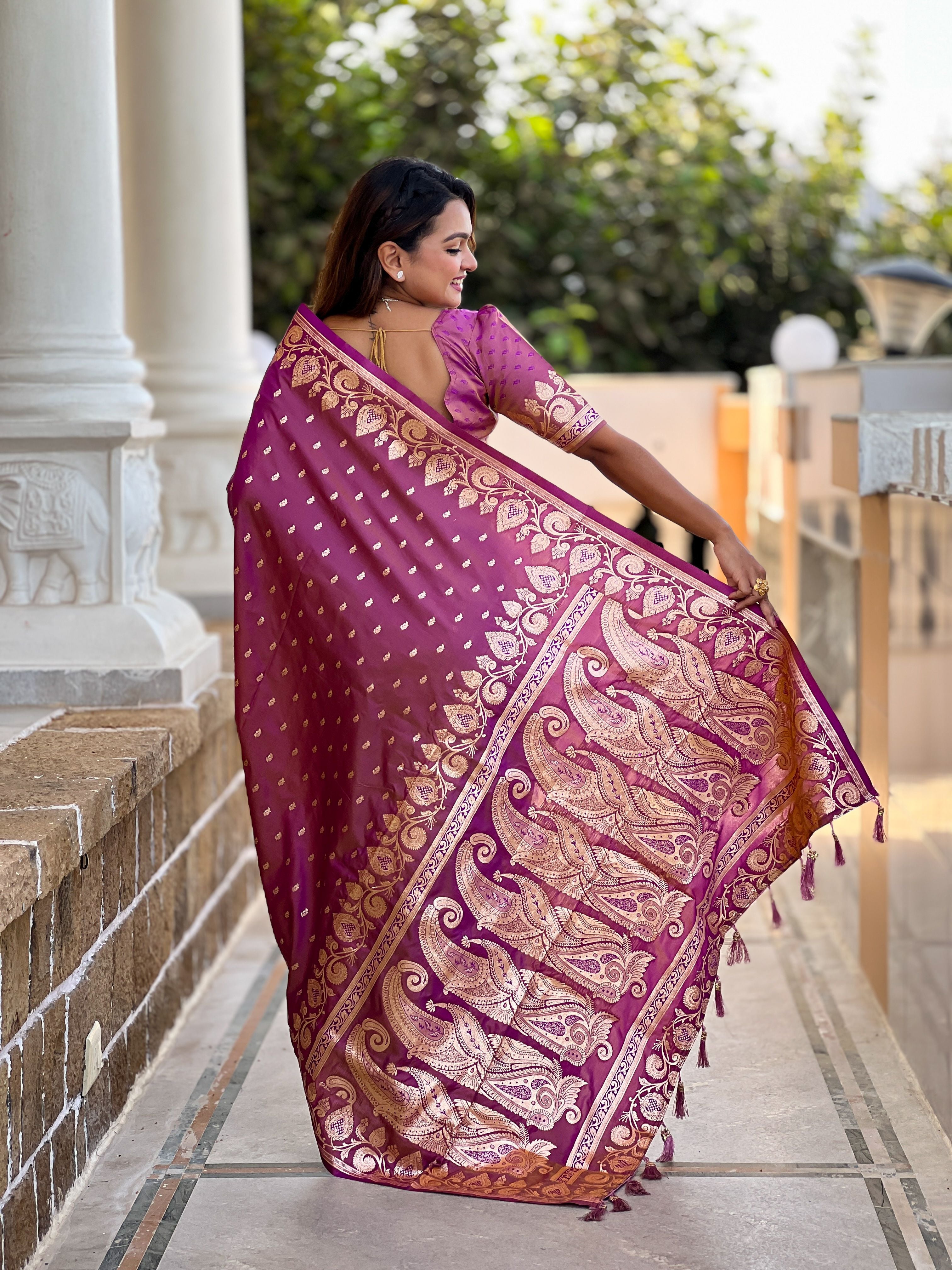 Onion Banarasi Silk Saree With Woven Jacquard Designer Partywear Saree