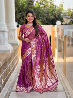 Onion Banarasi Silk Saree With Woven Jacquard Designer Partywear Saree