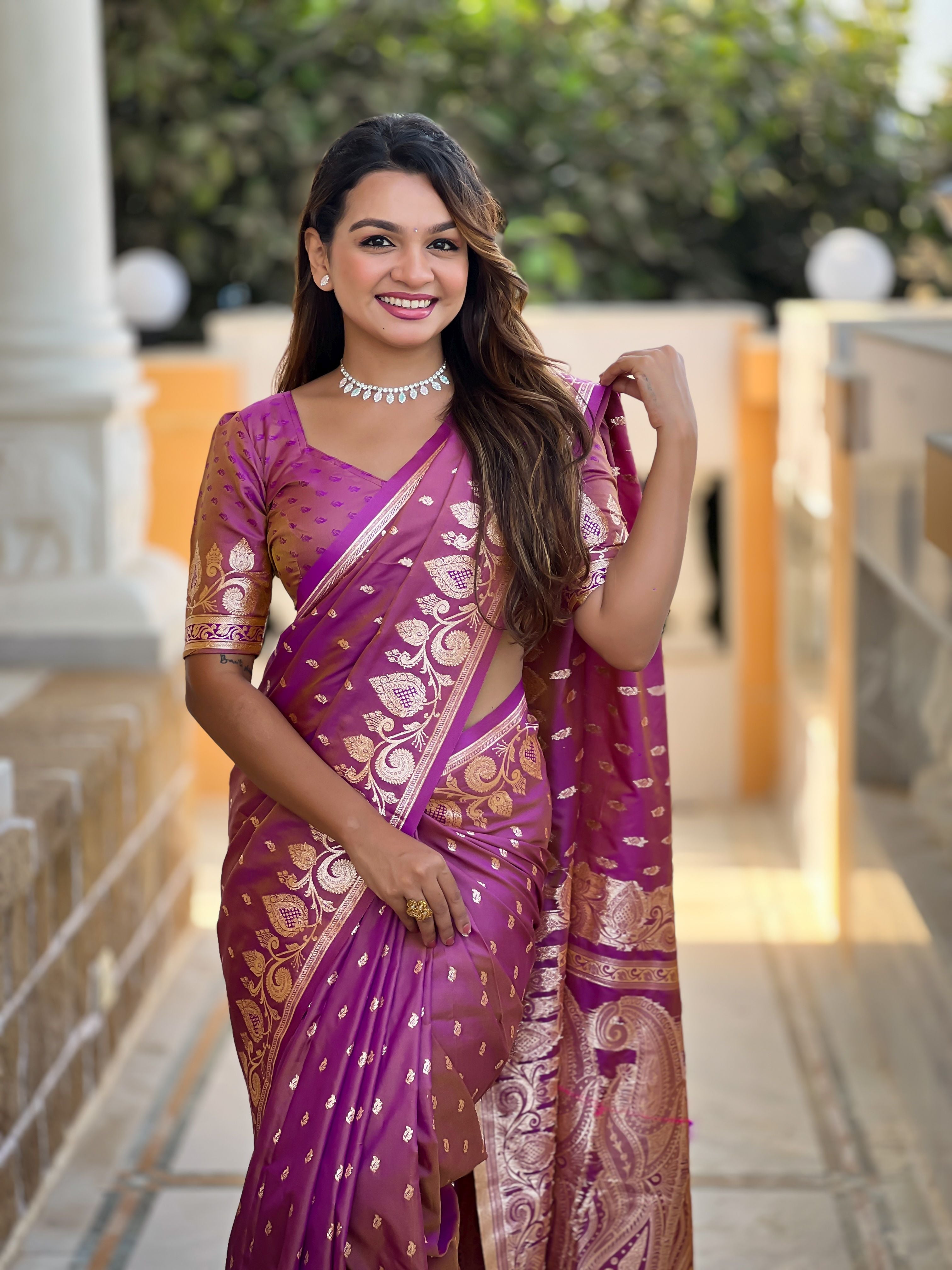 Onion Banarasi Silk Saree With Woven Jacquard Designer Partywear Saree