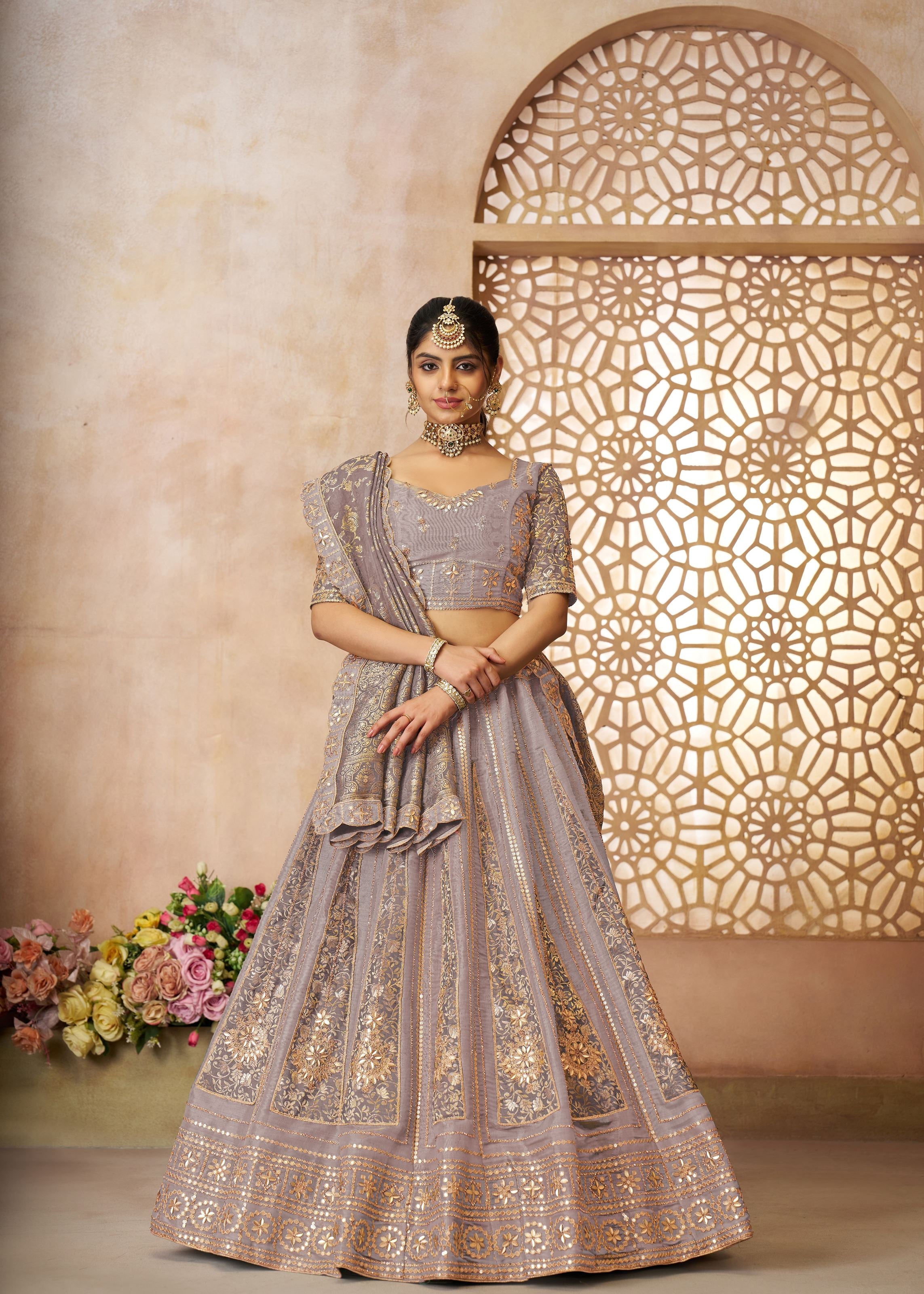 Onion Color Brocade Bridal  Lehenga With Banarasi Patches and Zari Panel Work