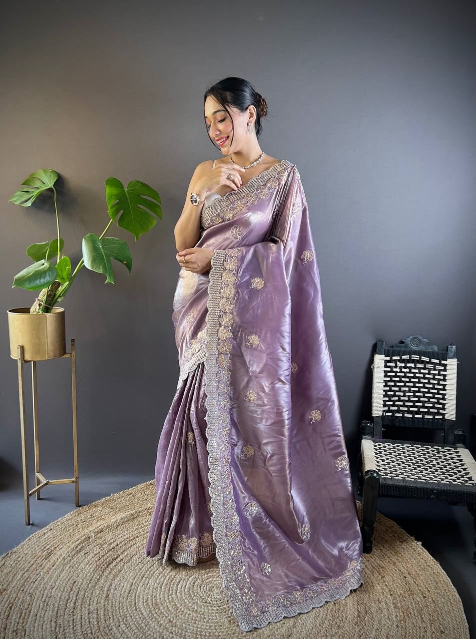 Onion Colour Gold Crush Embroidery Work Saree