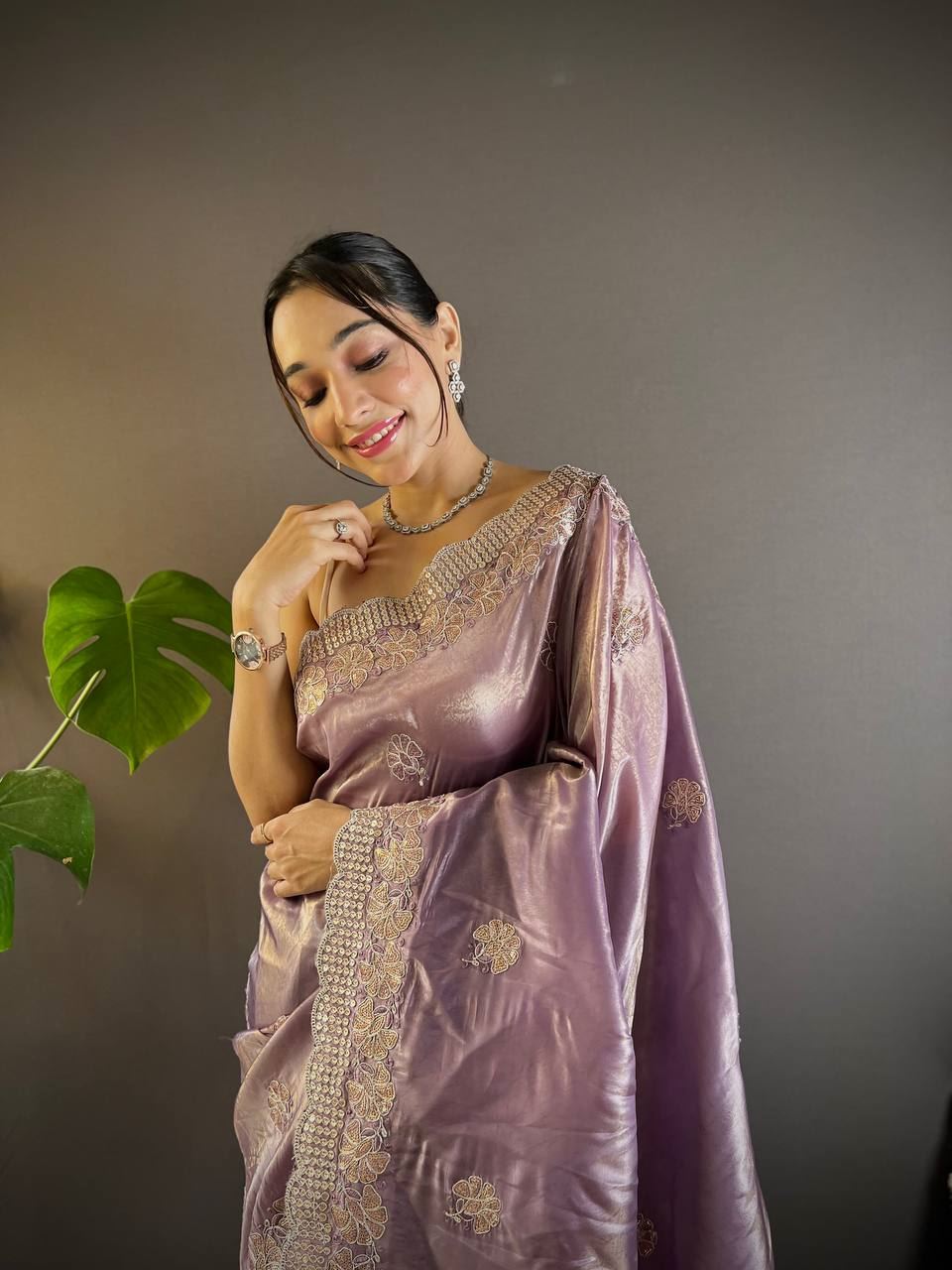 Onion Colour Gold Crush Embroidery Work Saree