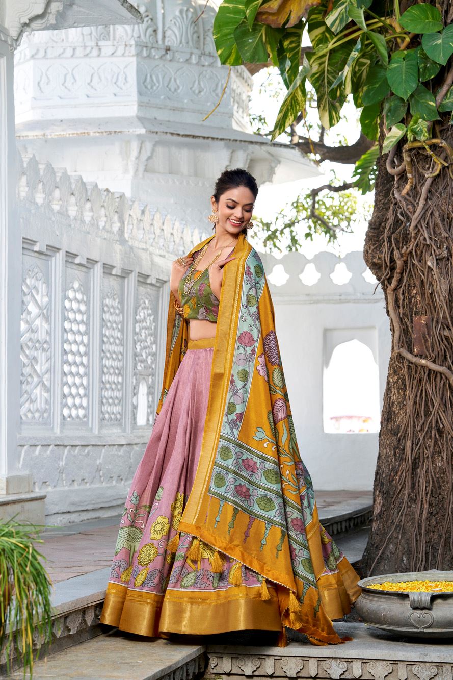 Onion Dola Silk Lehenga with Kalamkari Print and Rich Zari Woven Border