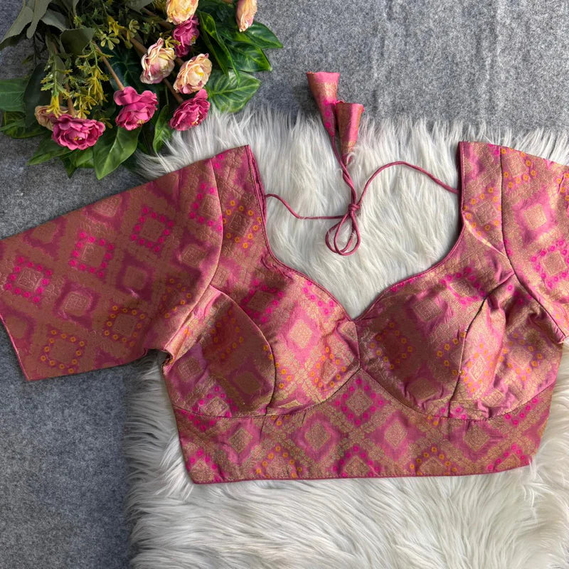 Onion Pink Banarasi Jacquard Patola Designer Blouse  Silk Partywear Readymade Blouse