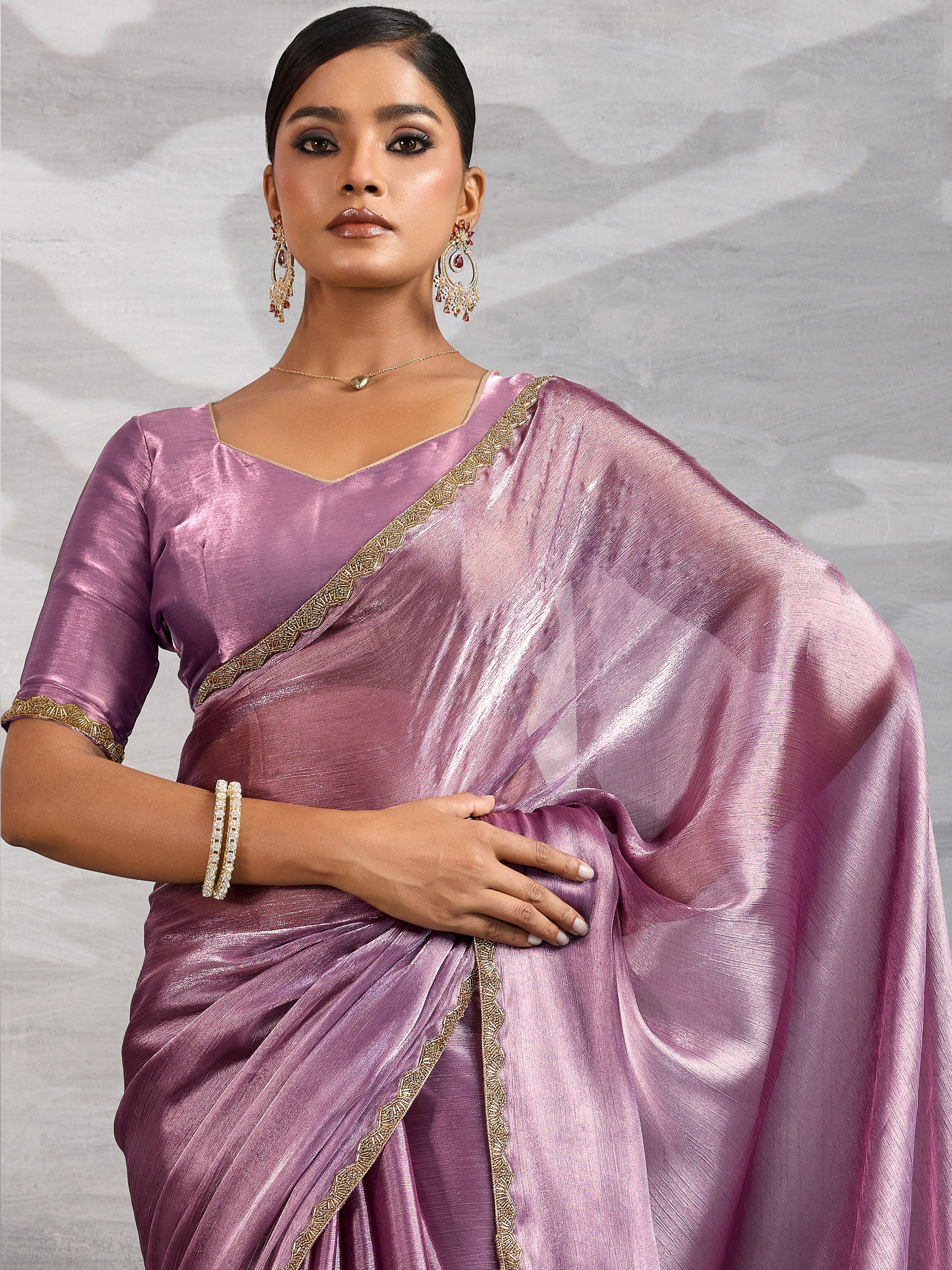 Onion Pink Burberry Chiffon Saree with Beads and Cutdana Lace