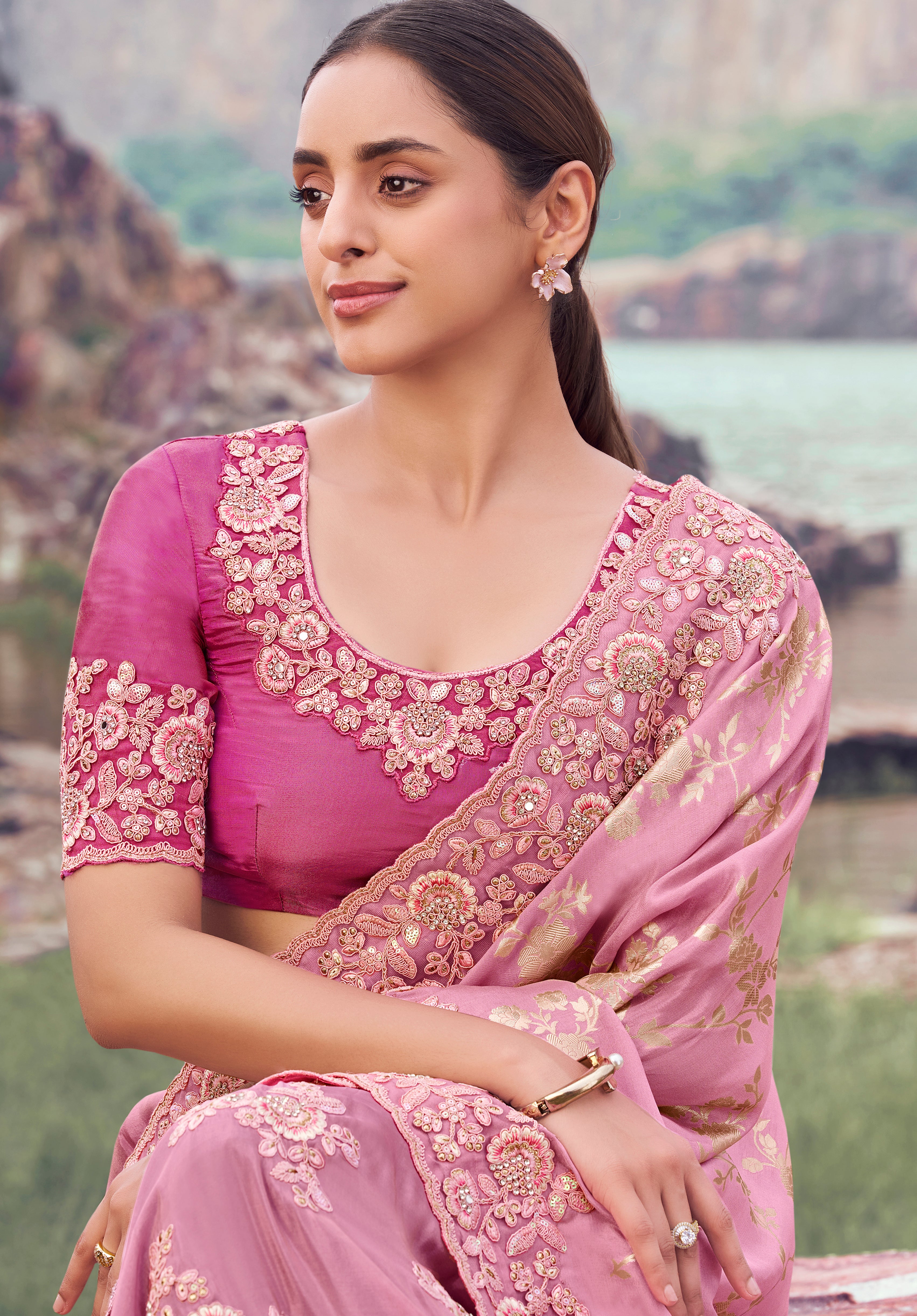Onion Pink Saree With  Jacquard Woven With Embroidered Border & Blouse