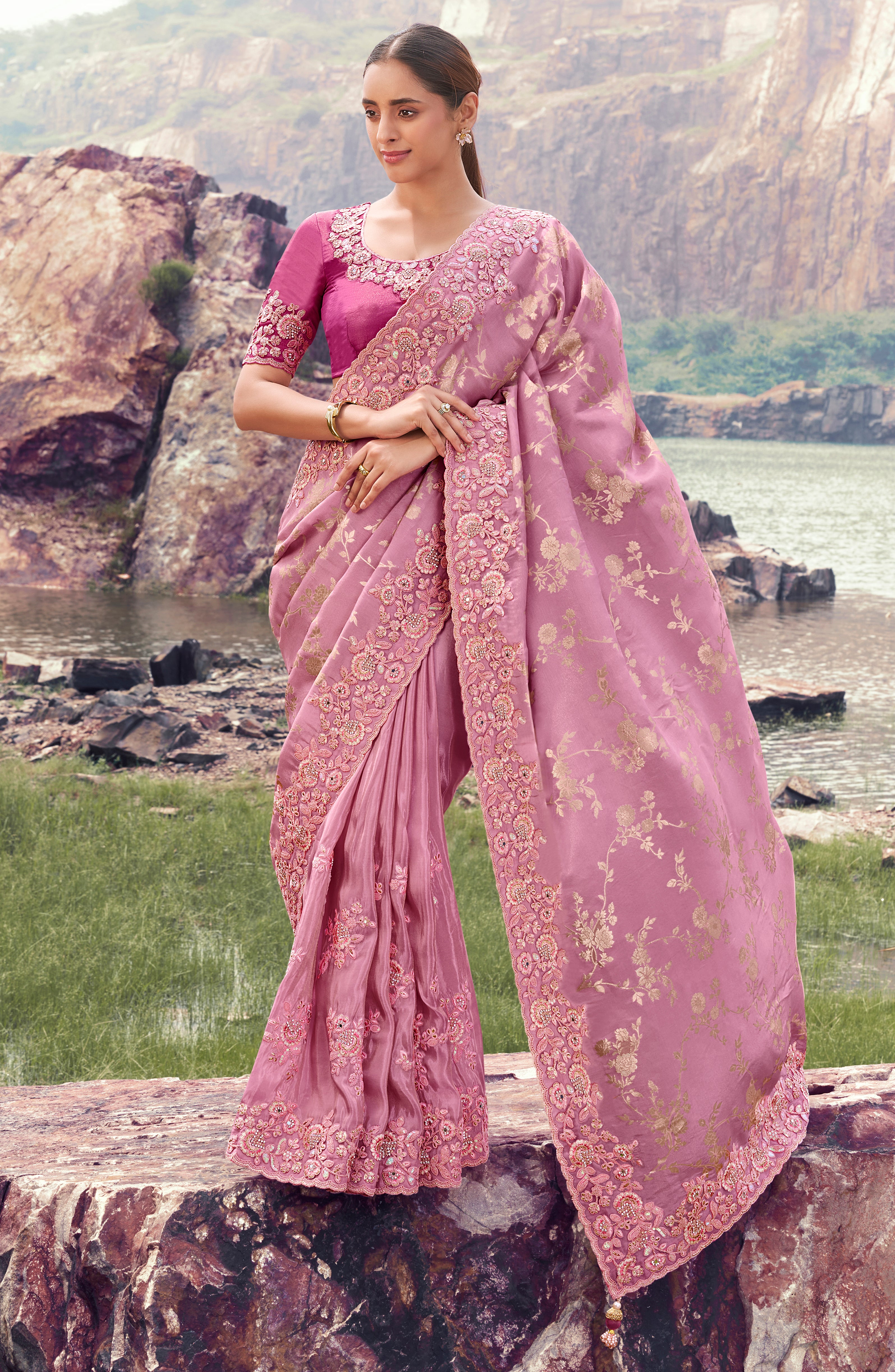 Onion Pink Saree With  Jacquard Woven With Embroidered Border & Blouse