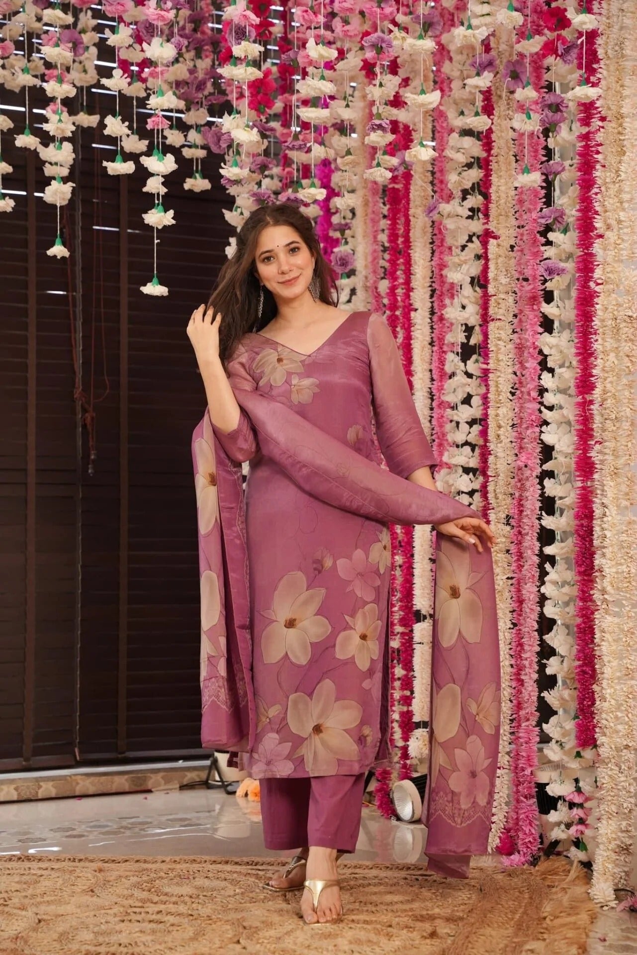 Onion Pink Silk Kurta Pant Set  Printed