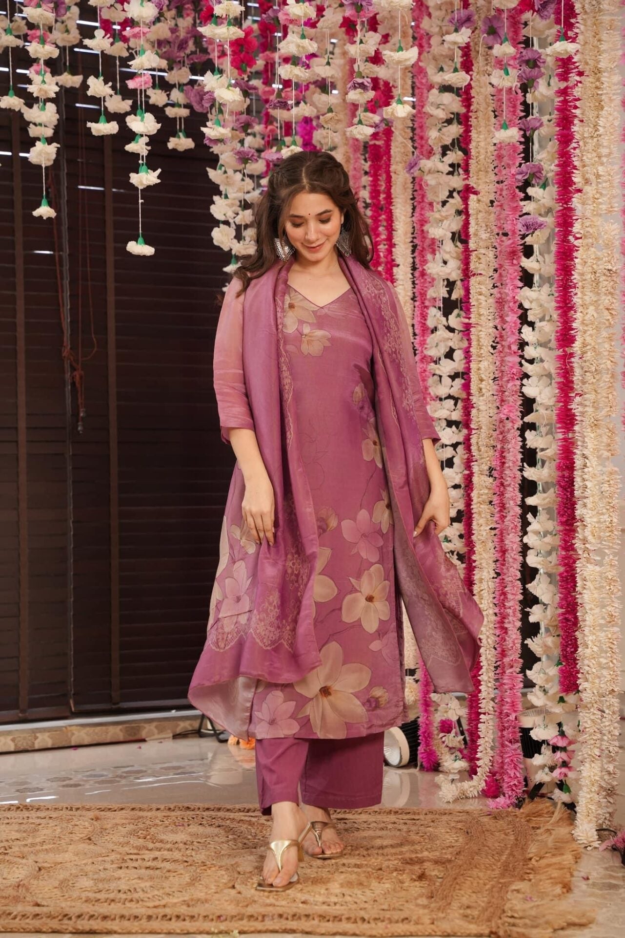 Onion Pink Silk Kurta Pant Set  Printed