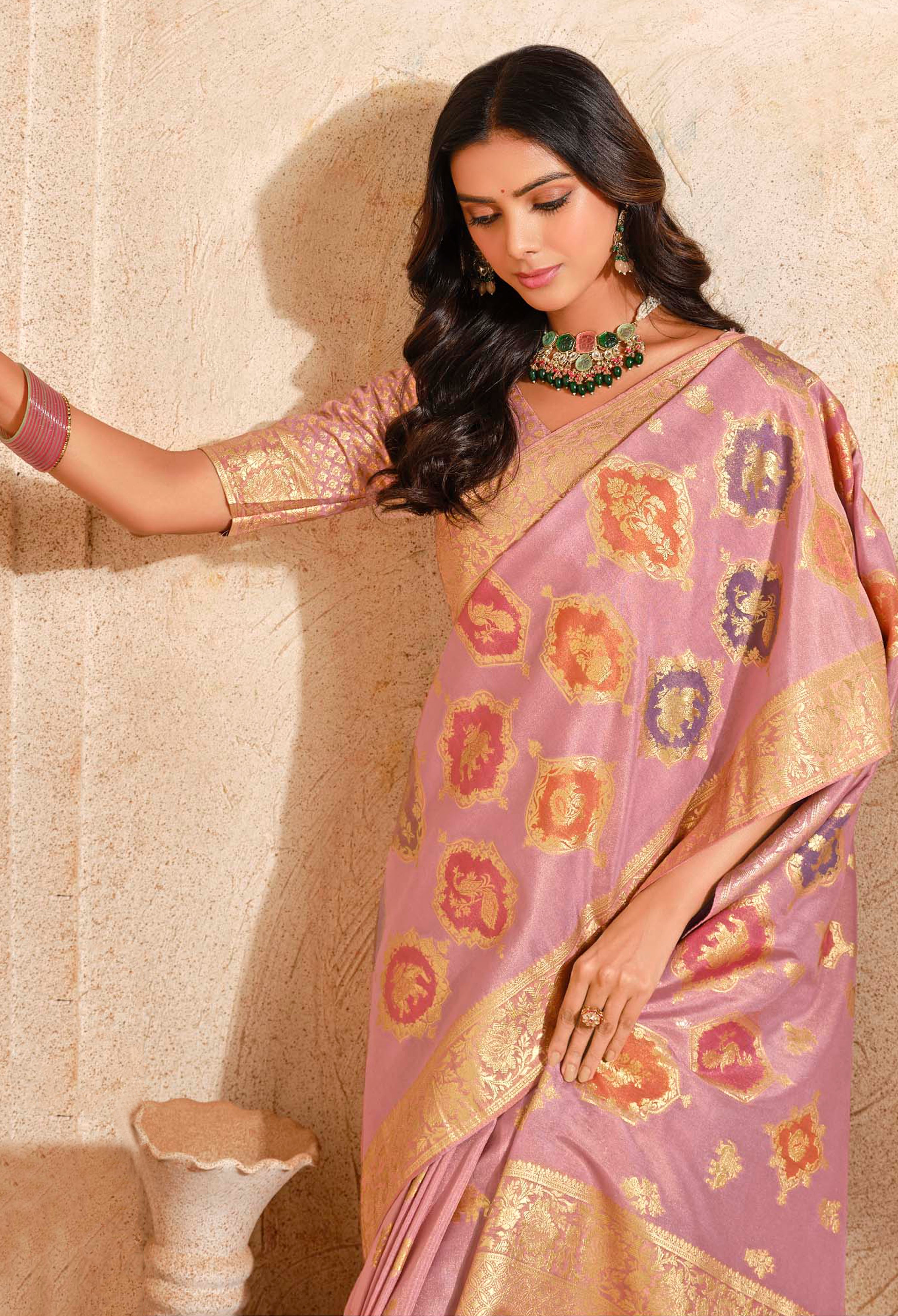 Onion Pink Silk Saree With  Jacquard Woven Work
