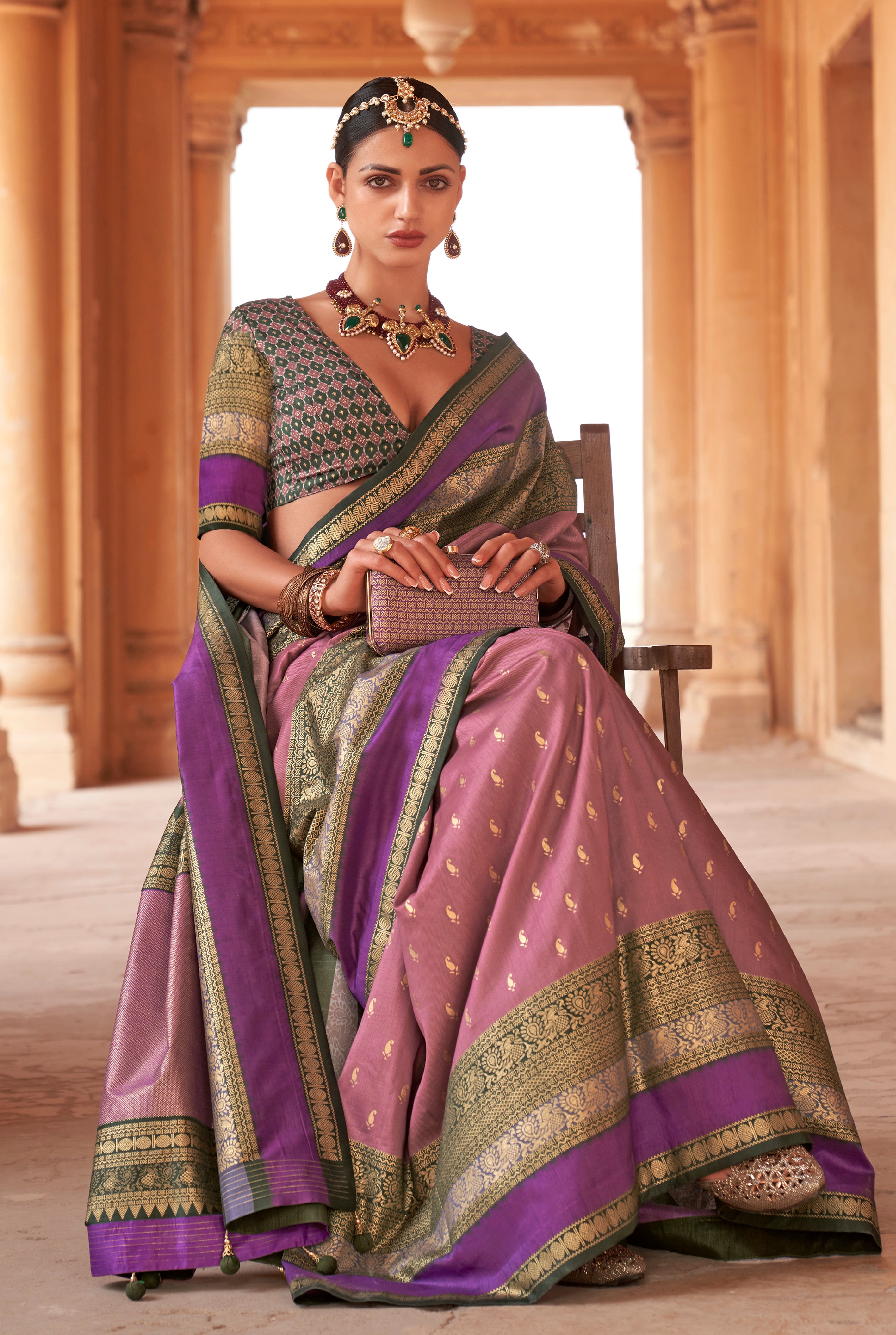 Onion Pink Silk Saree with  Jacquard Woven Work