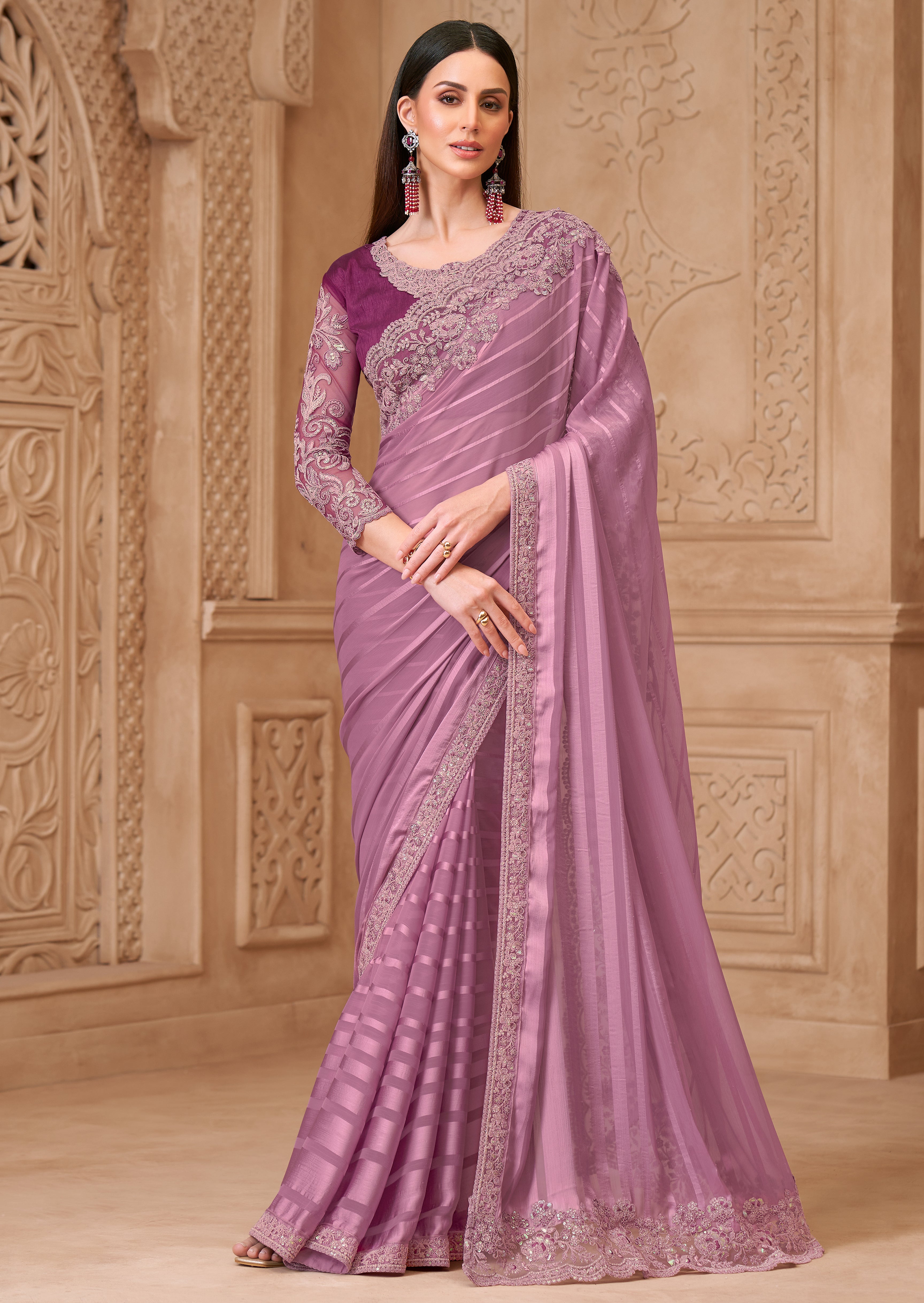 Onion Saree With  Heavy Thread Embroidery Sequins Border Work With Embroidery Blouse