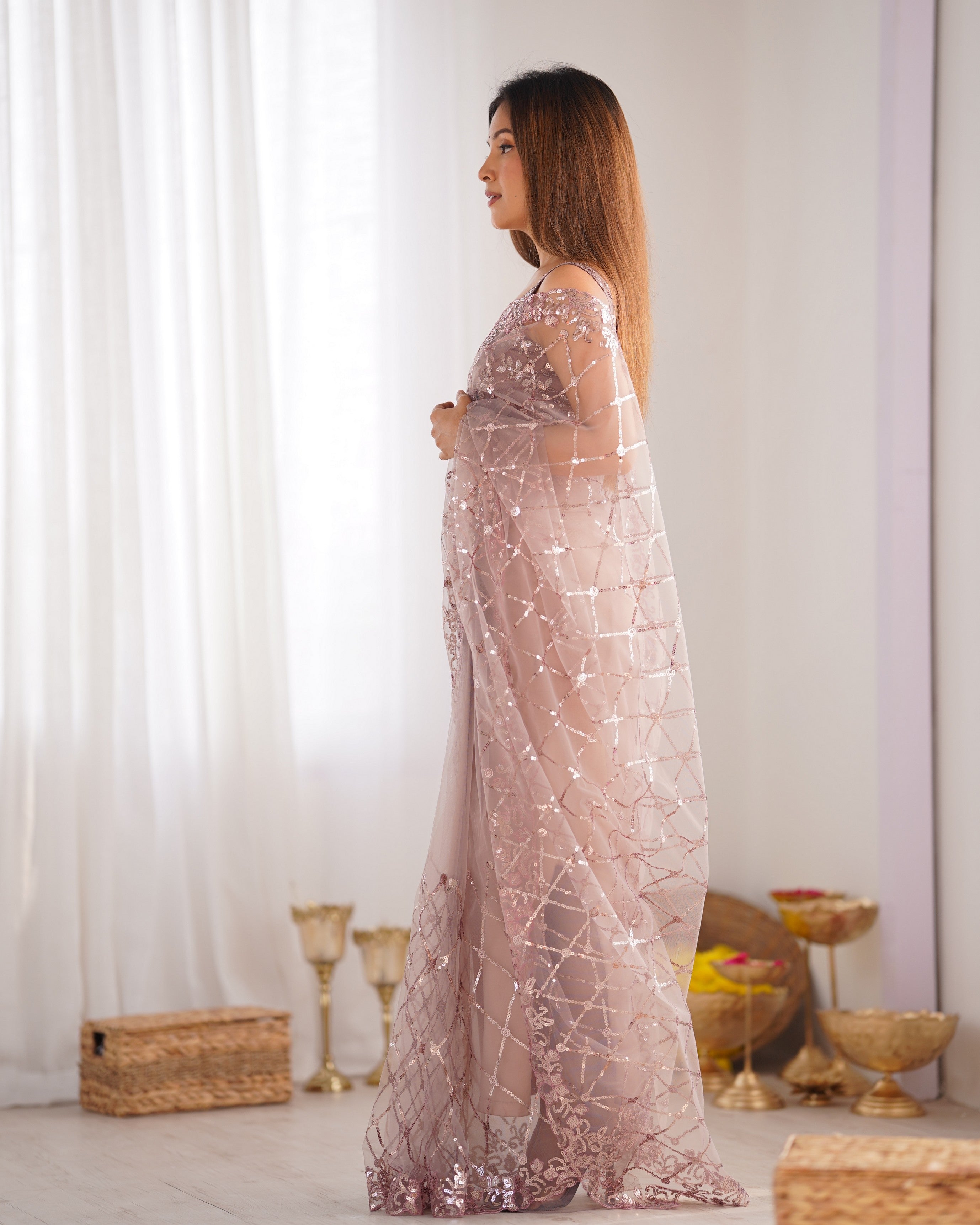 Onion Soft Net Designer Sequins Embroidery Work Bollywood Style Saree
