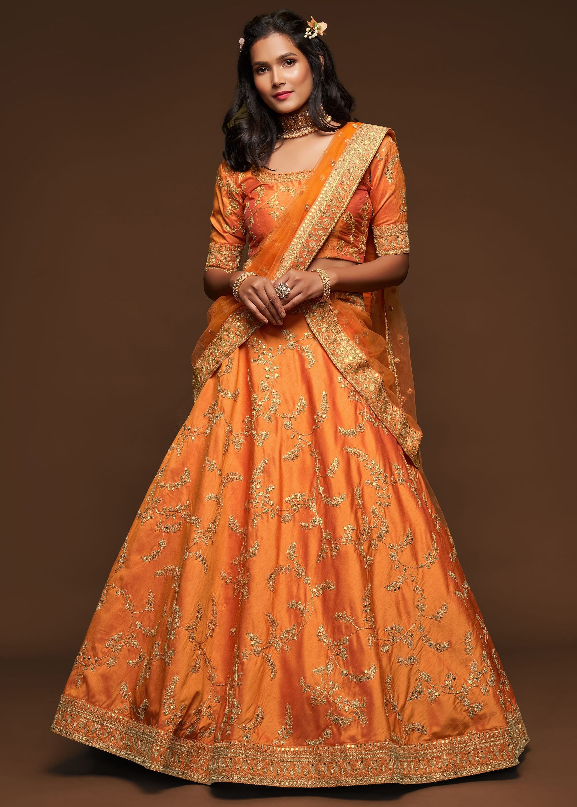 Orange Art Silk Lehenga Choli With Thread, Zari, Dori and Sequins Embroidery Work