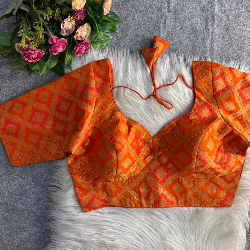Orange Banarasi Jacquard Patola Designer Blouse  Silk Partywear Readymade Blouse