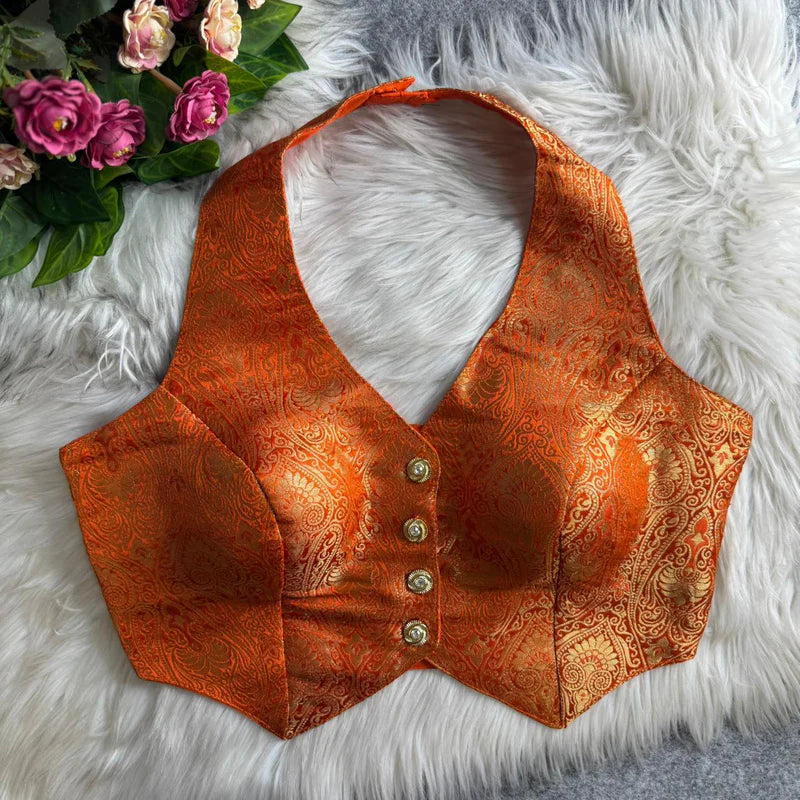 Orange Banarasi Jacquard Silk Halter Neck Blouse with Embroidery & Sequins