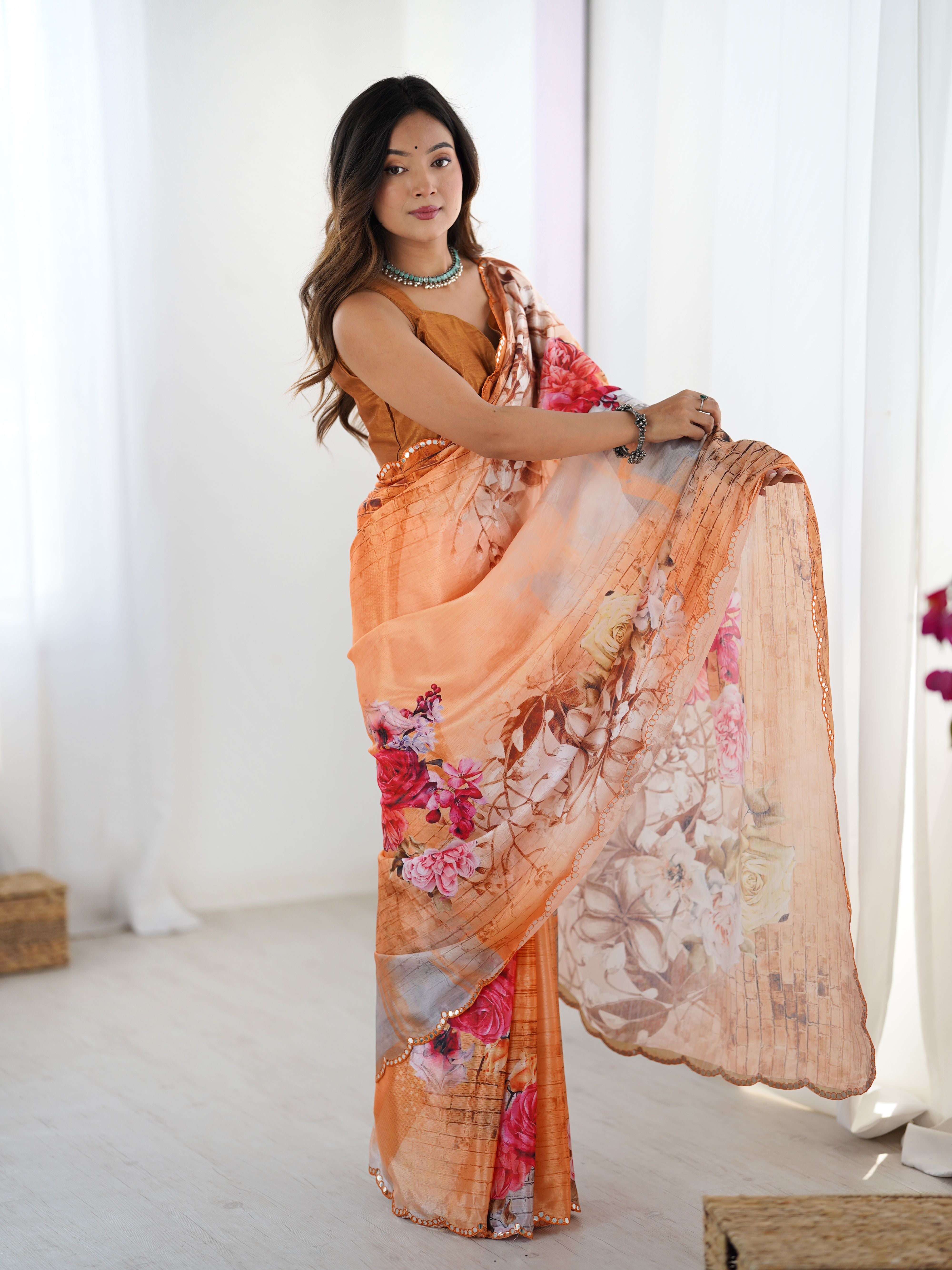 Orange Beautiful Chinon Smart Printed Festive Wear Ceremonial Saree