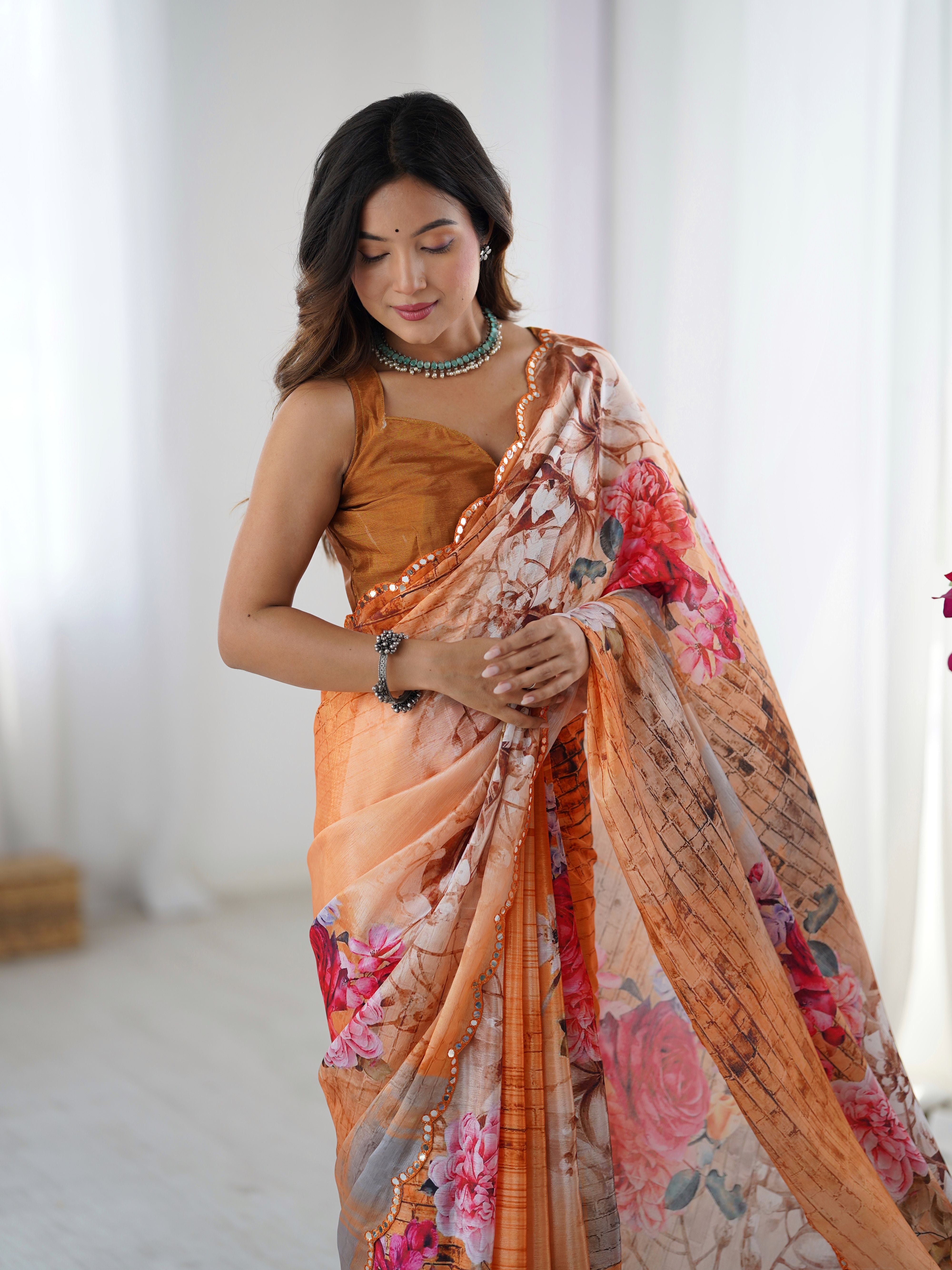 Orange Beautiful Chinon Smart Printed Festive Wear Ceremonial Saree