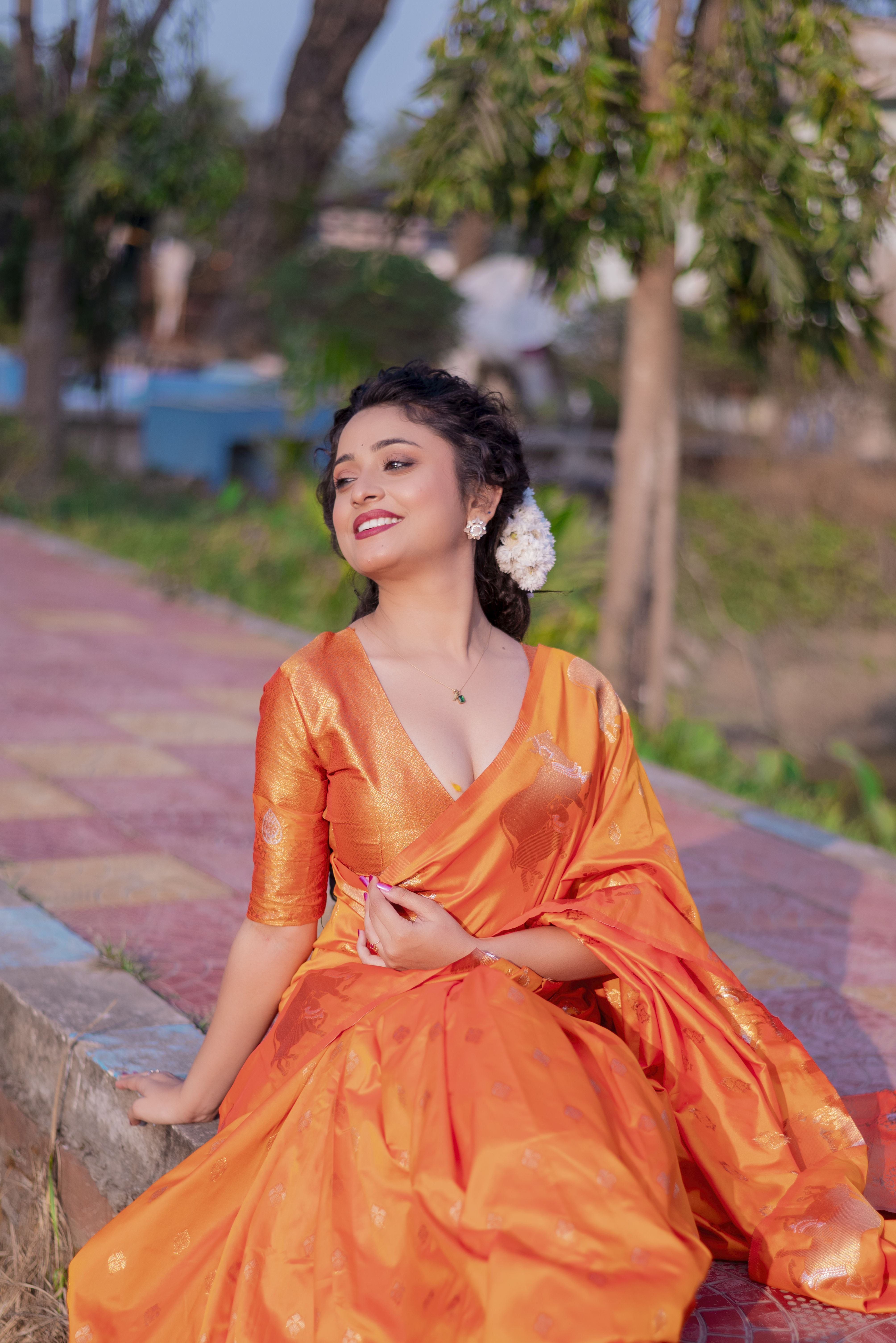 Orange Beautiful Woven Jari Nandi Designer Moonga Silk Saree