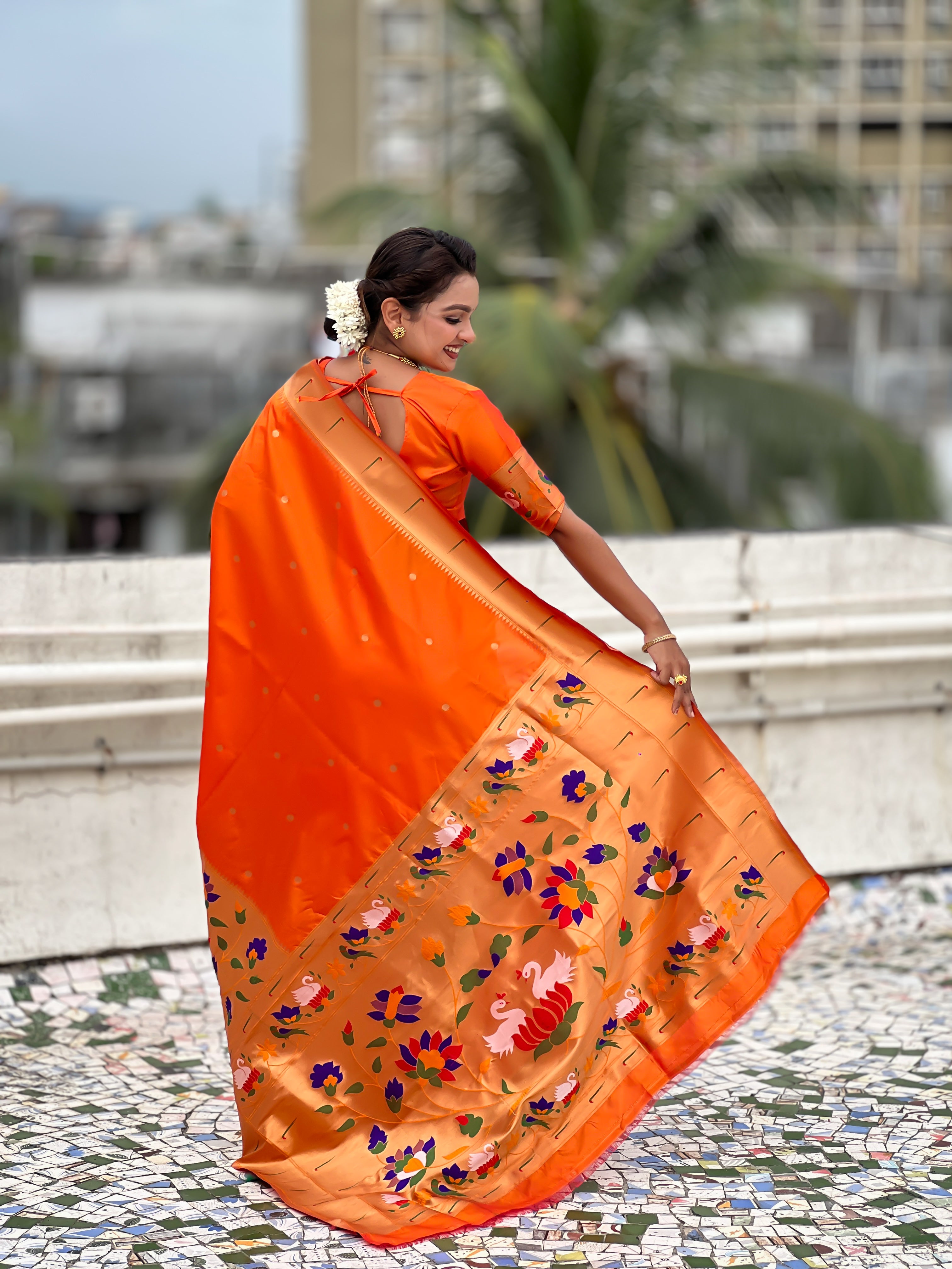 Orange Beautiful Woven Meenakari Polka Designer Paithani Silk Ethnic Graceful Saree