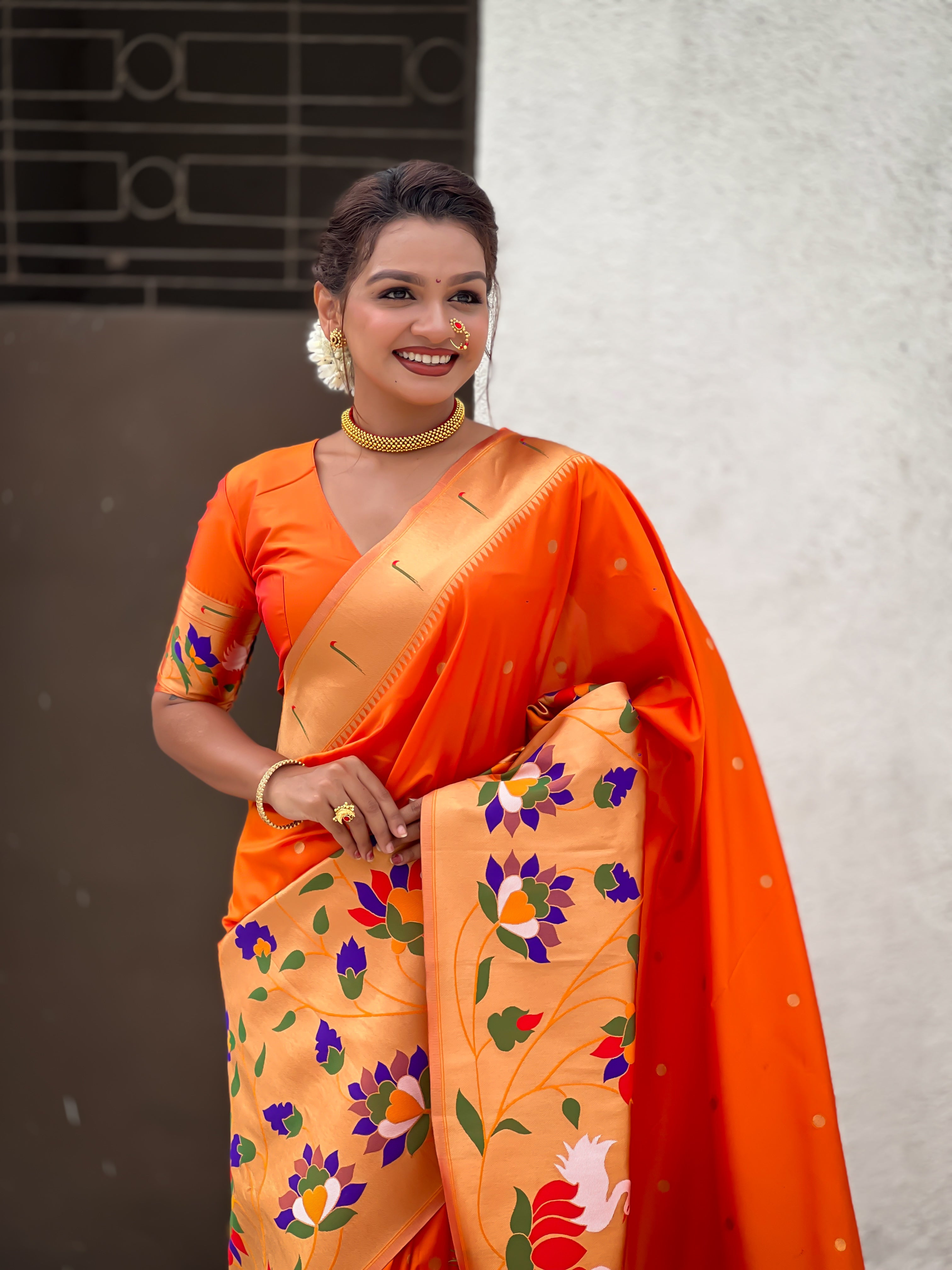 Orange Beautiful Woven Meenakari Polka Designer Paithani Silk Ethnic Graceful Saree