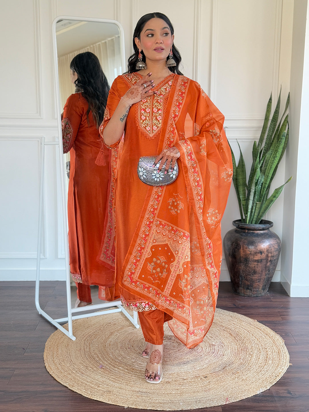 Orange Bsy Viscose Elegant Kurta Pant Set With Thread Work