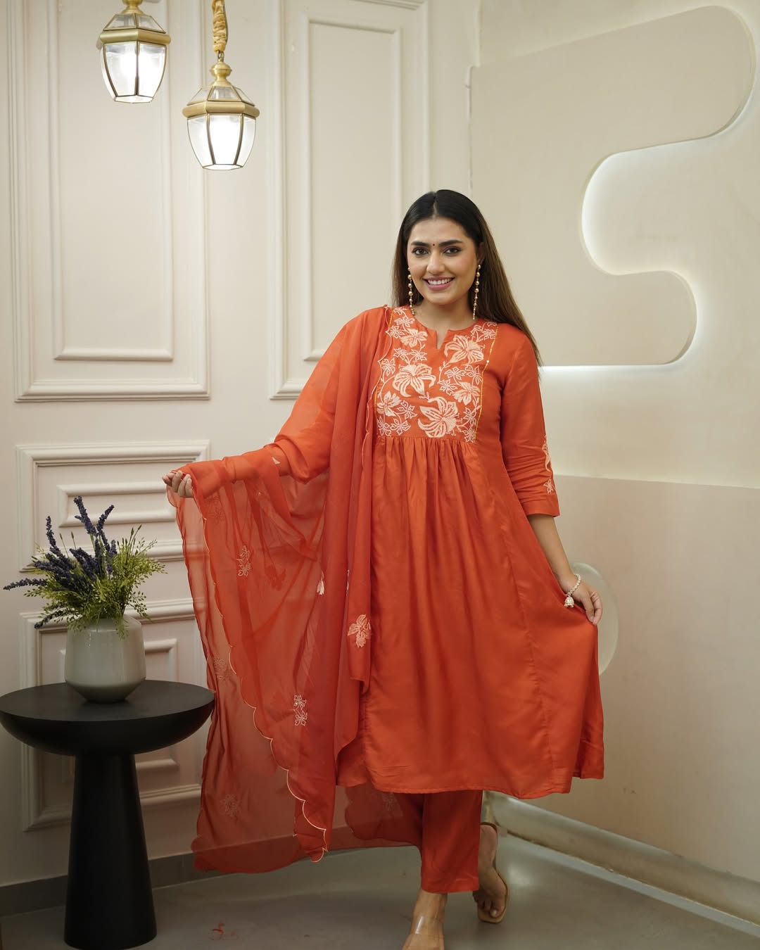 Orange Chinon Kurta Pant Set With Heavy Thread Embroidery Work
