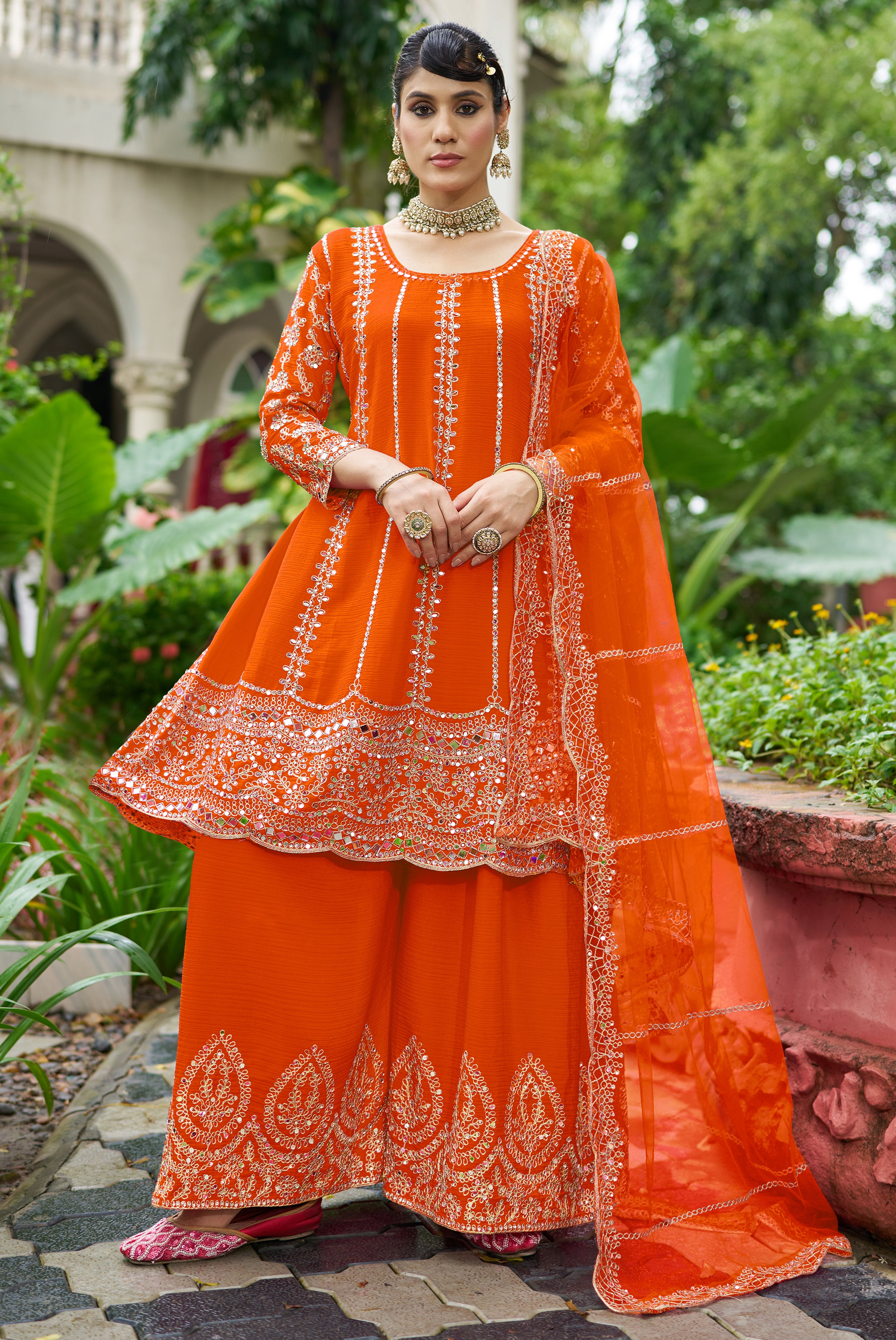 Orange Chinon Silk Salwar Suit With Real Mirror Work