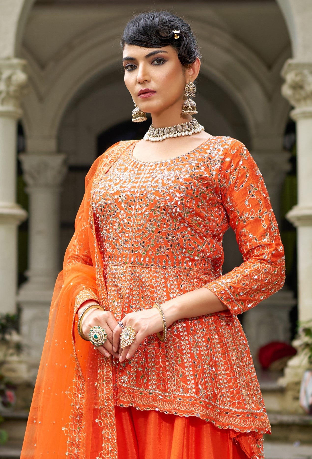 Orange Chinon Silk Salwar Suit With Real Mirror Work