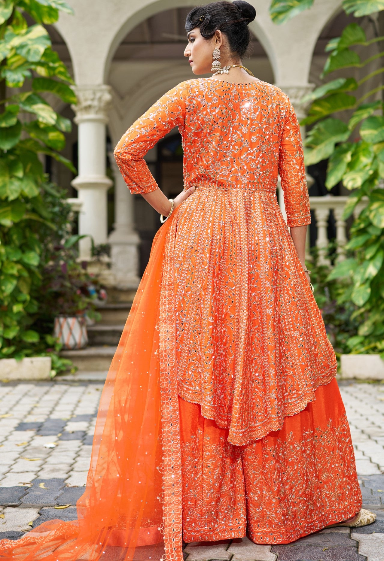 Orange Chinon Silk Salwar Suit With Real Mirror Work