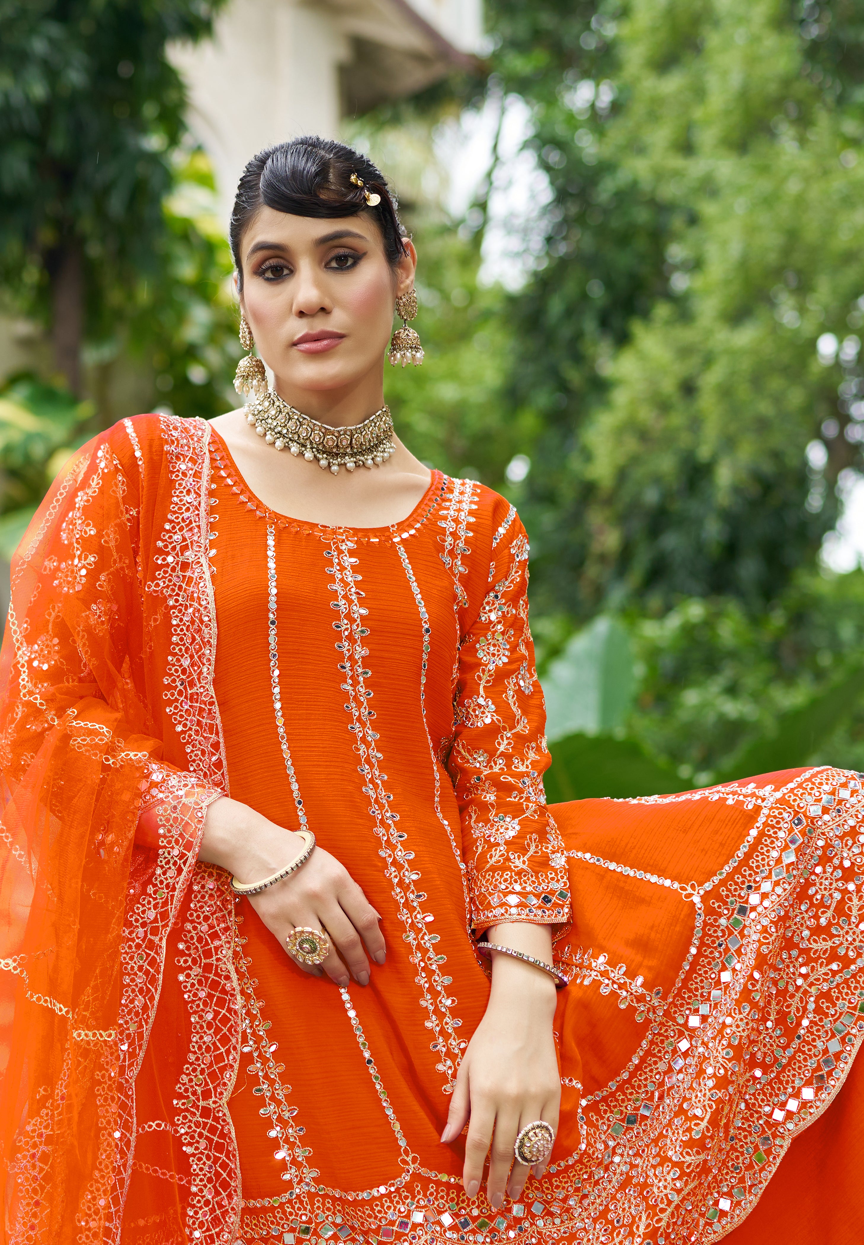 Orange Chinon Silk Salwar Suit With Real Mirror Work