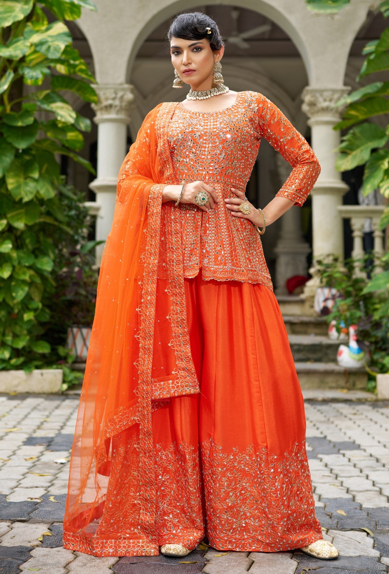 Orange Chinon Silk Salwar Suit With Real Mirror Work
