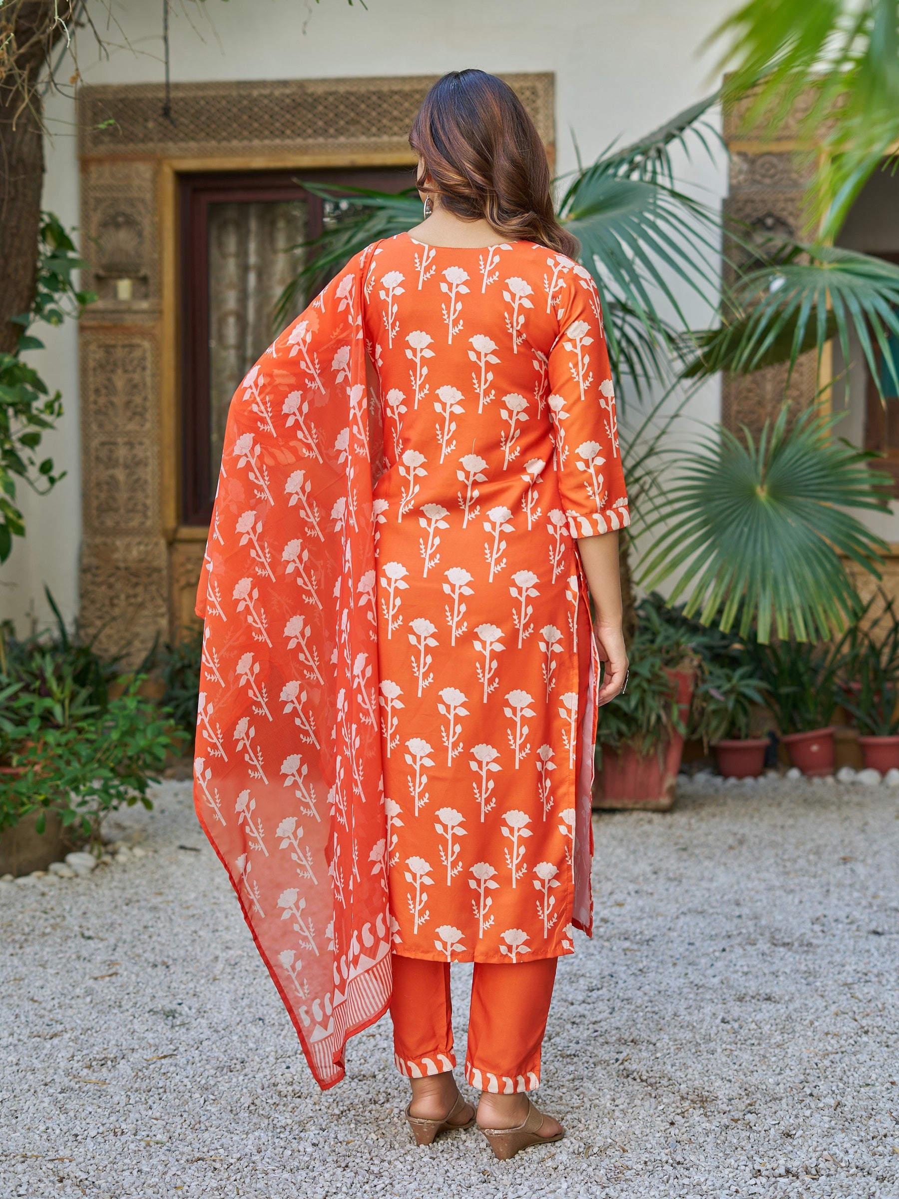 Orange Cotton Blend Kurta Pant Set  Printed