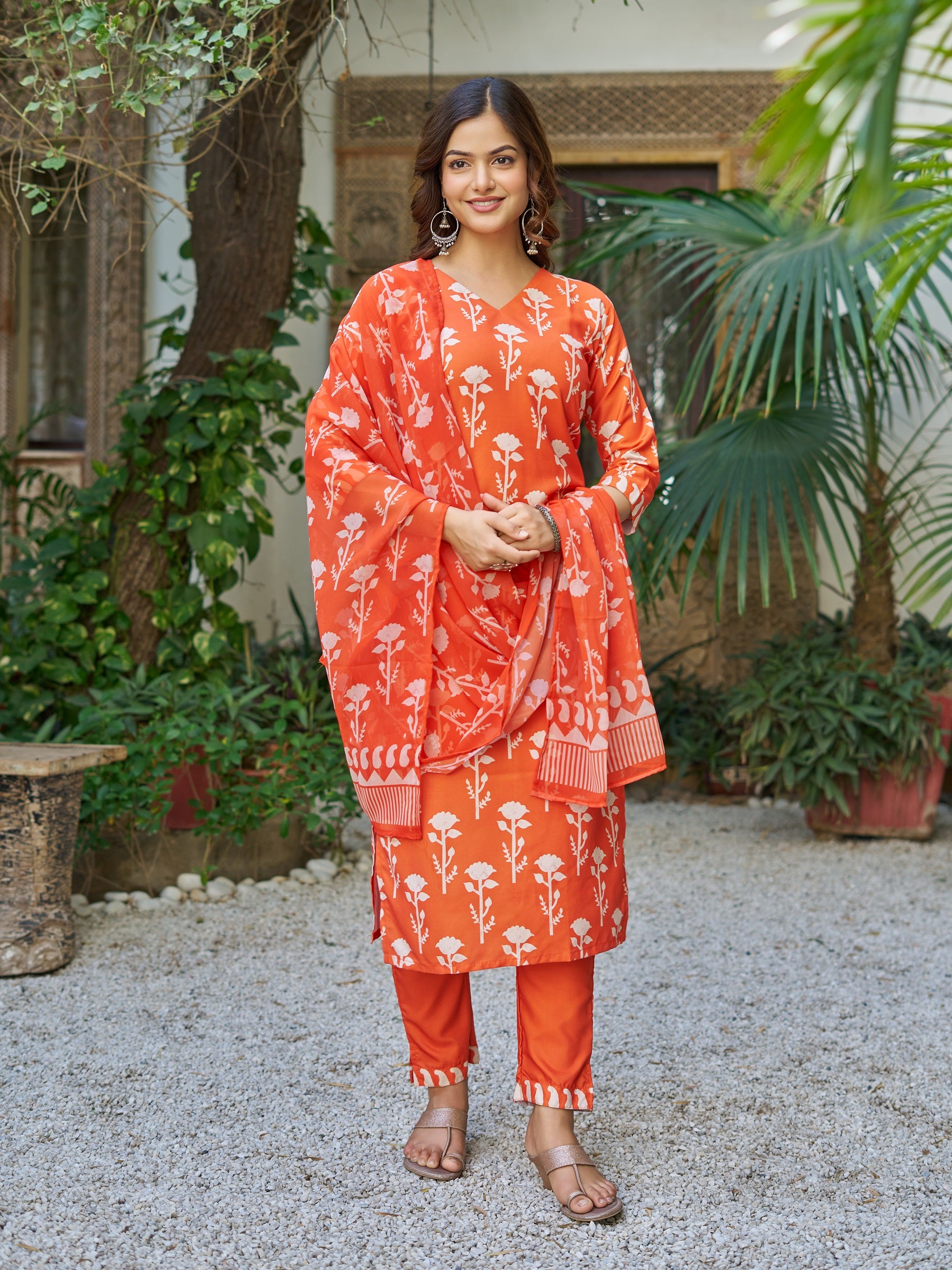 Orange Cotton Blend Kurta Pant Set  Printed