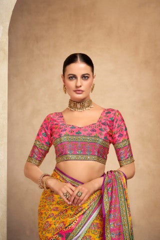 Orange Crepe Silk Position Digital Foil Printed Saree
