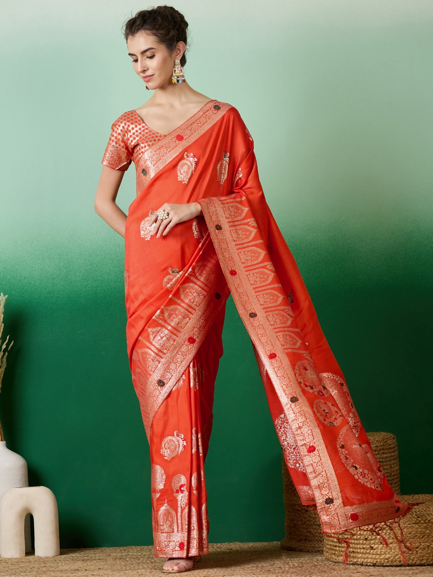 Orange Dolla Cotton Woven Meenakari Designer Ethnic Festive Saree