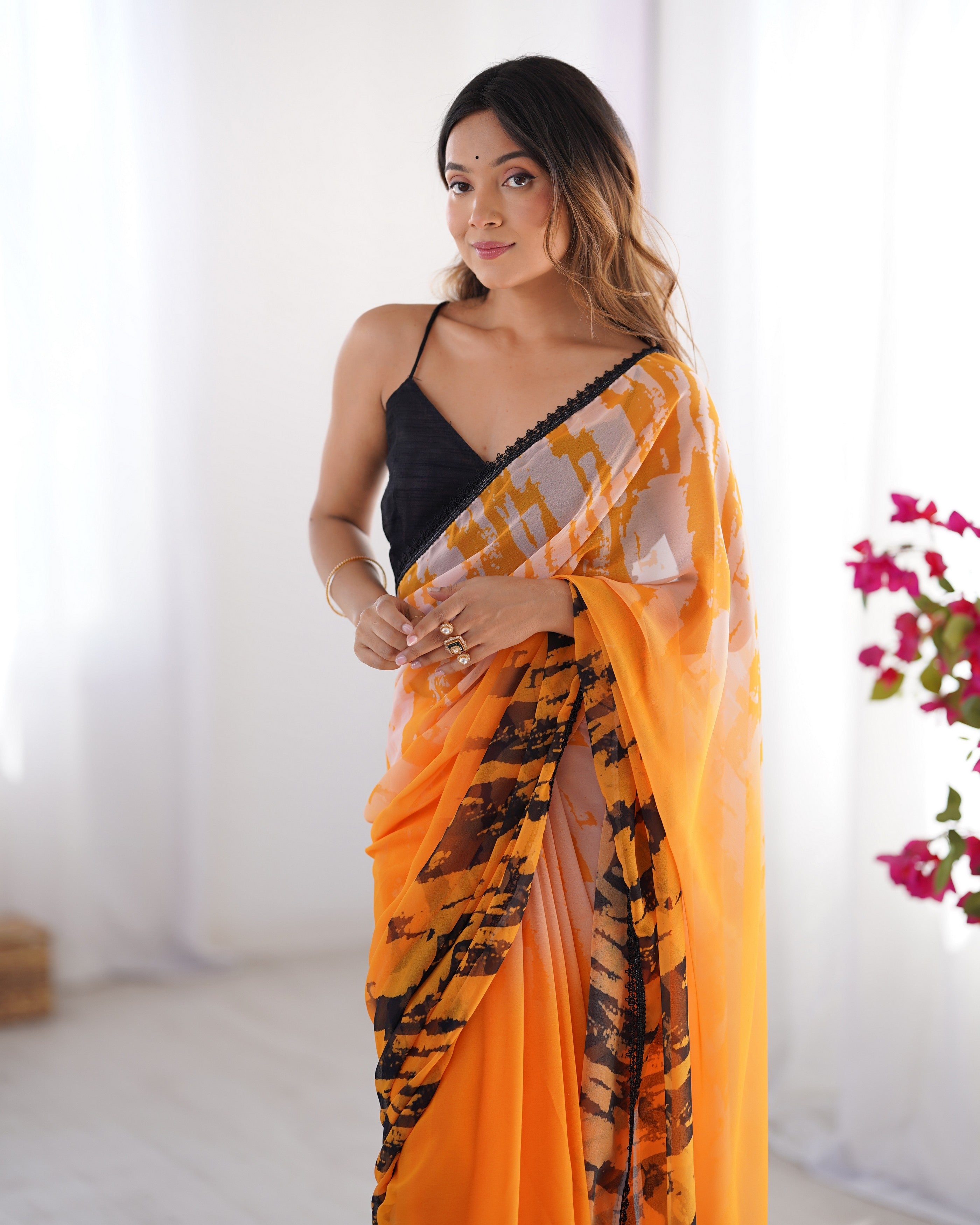 Orange Georgette Designer Printed Partywear Saree