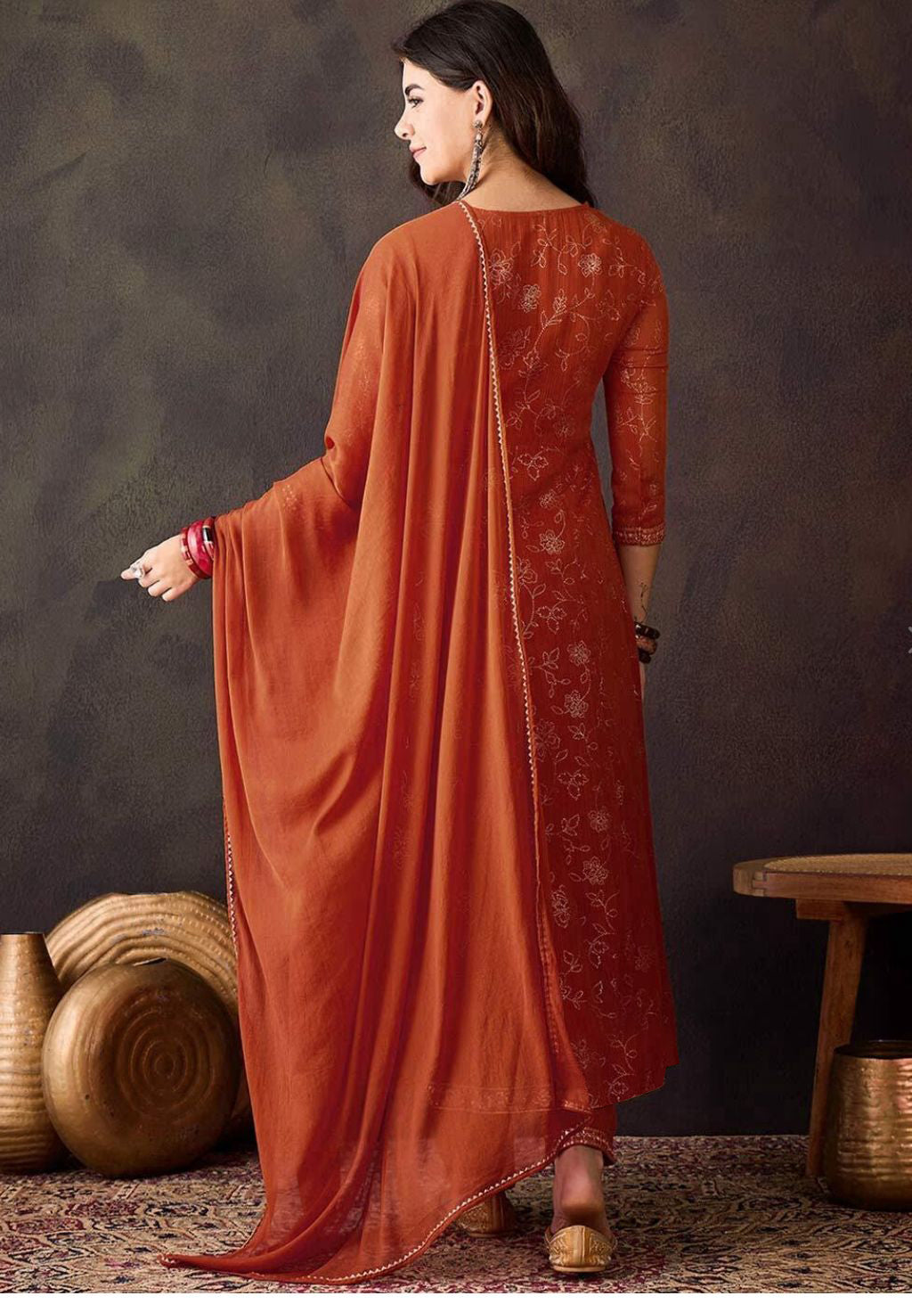 Orange Georgette Kurta Pant Set With Print With Thread Embroidery Work