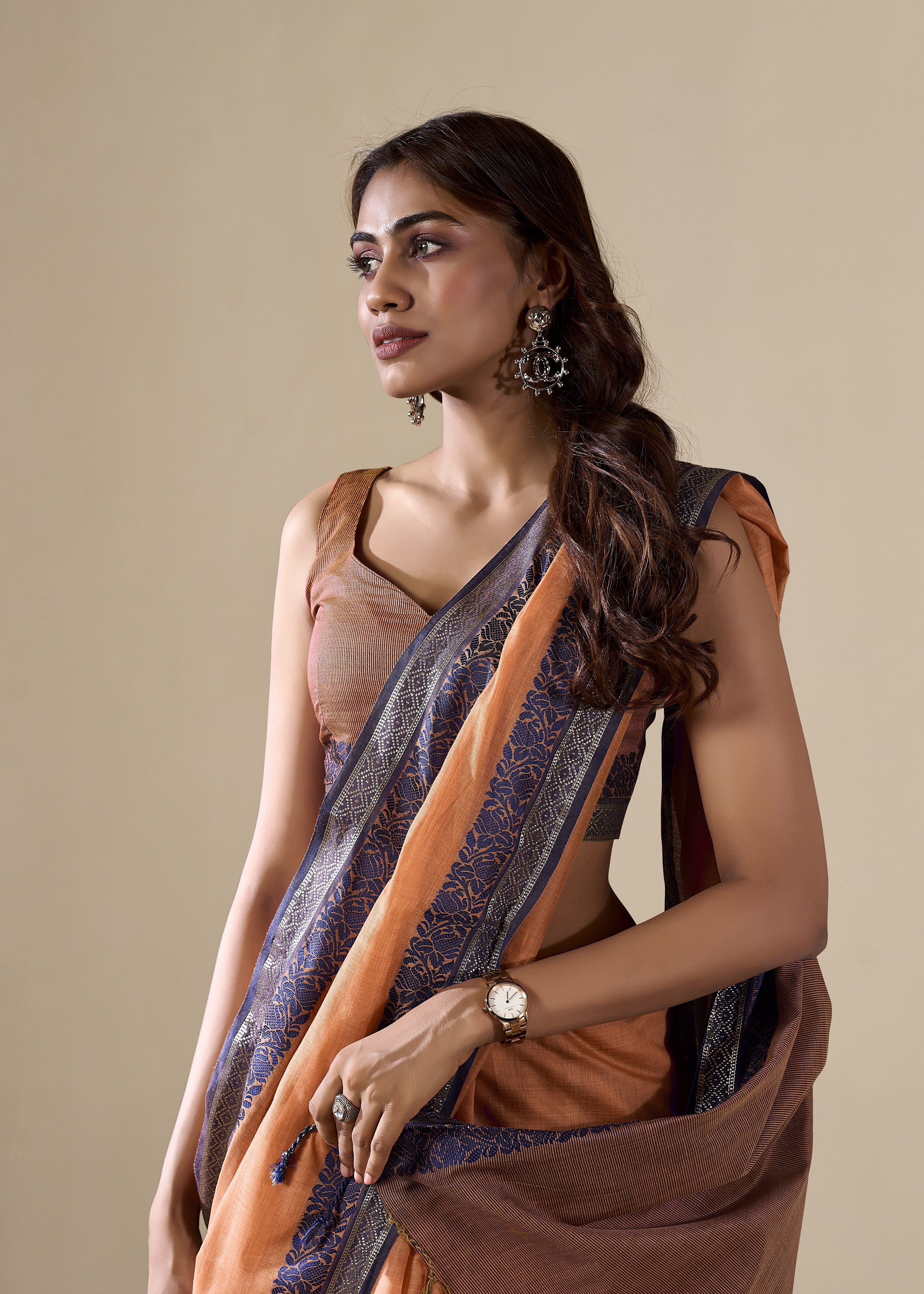 Orange Handloom Silk Woven Pallu Border Designer Ethnic Traditional Saree