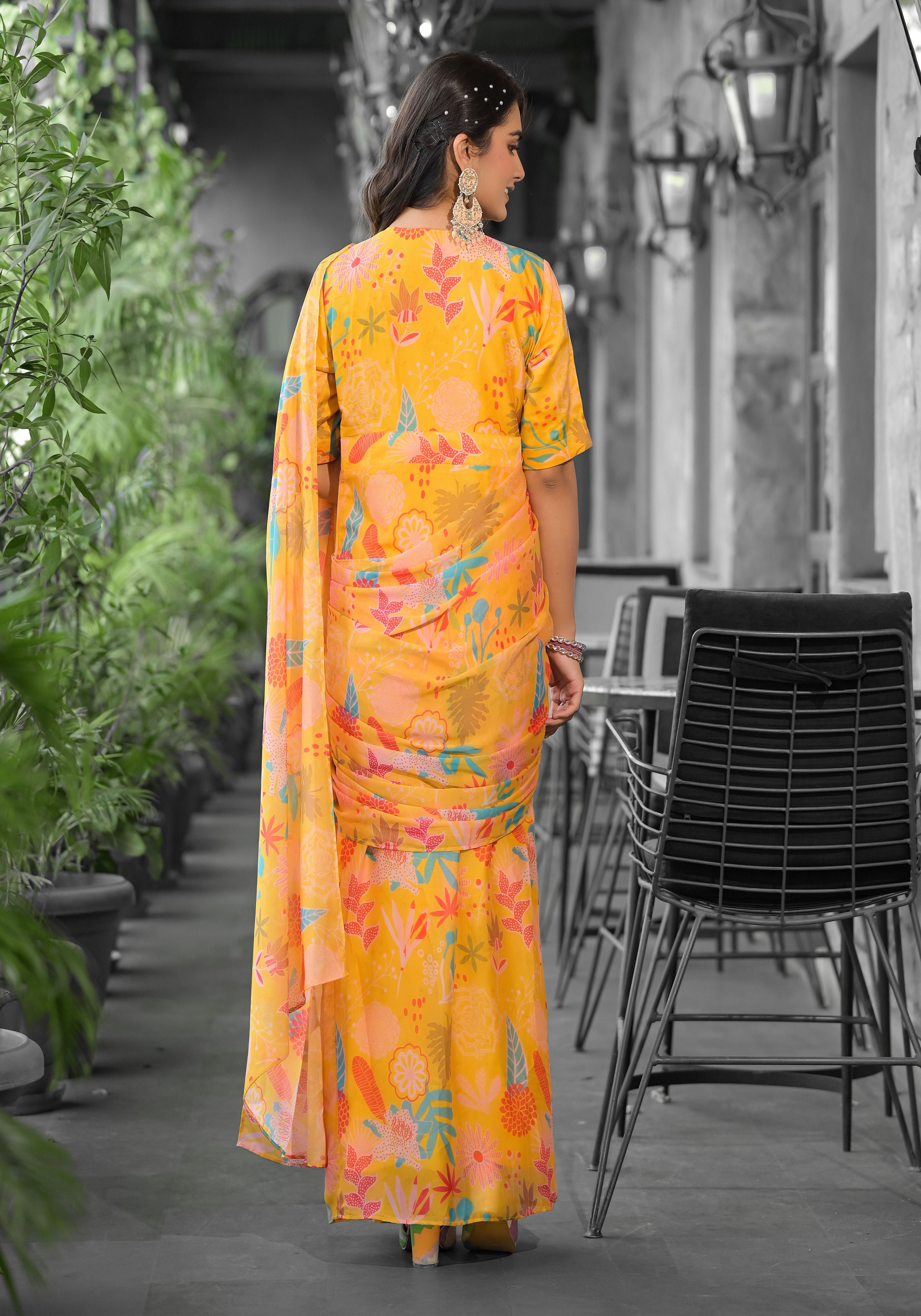 Orange Imported Georgette Designer Digital Printed Ready To Wear Gown Style Saree