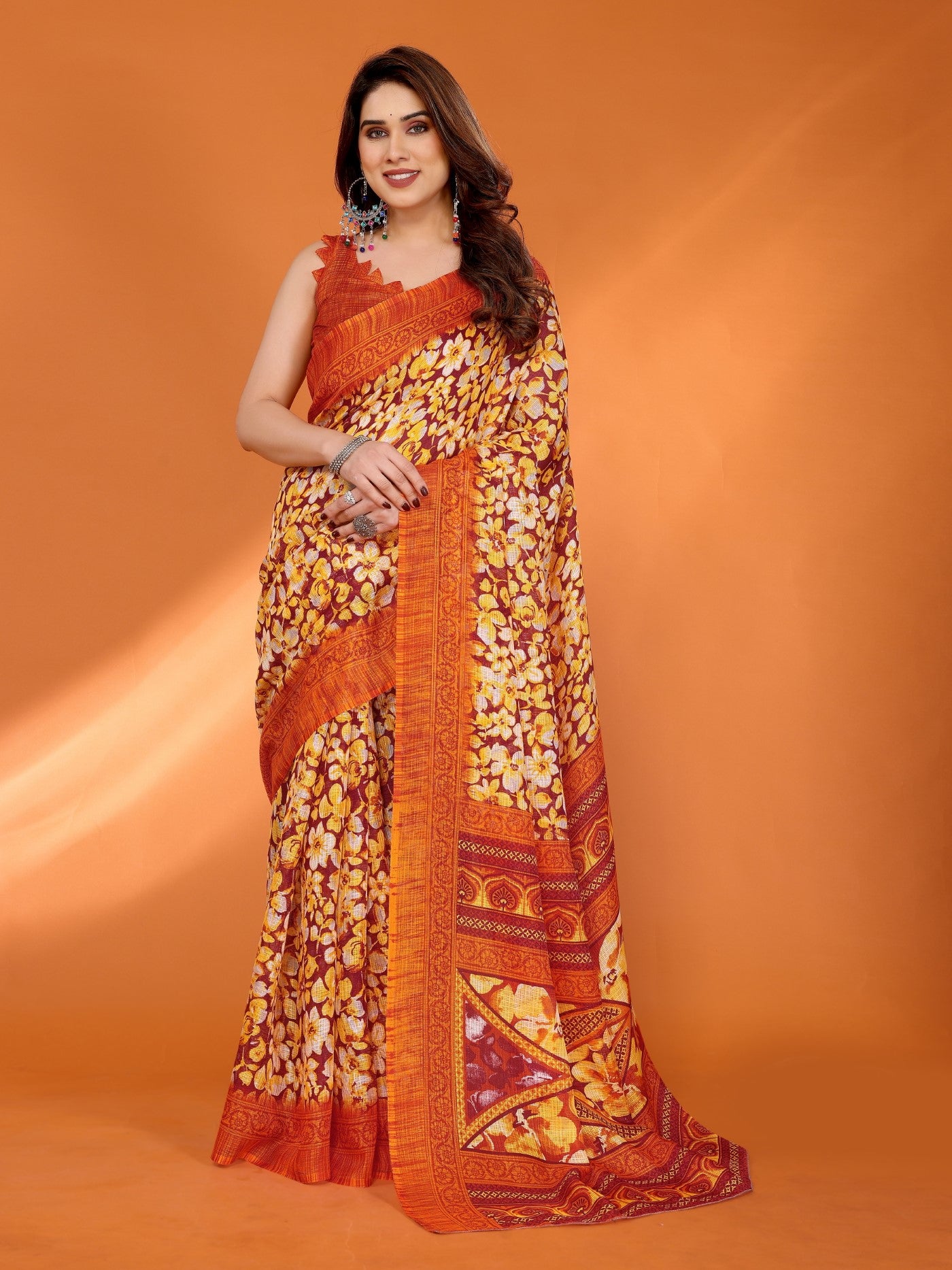 Orange Kota Doriya Saree With Traditional Printed Design