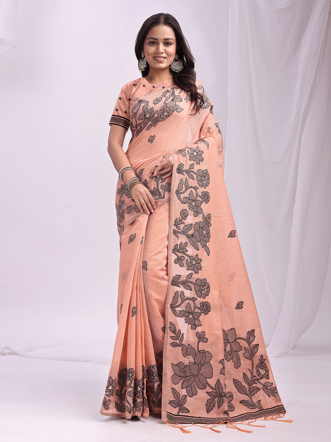 Orange Linen Cotton Woven Thread Designer Festive Sophisticated Saree