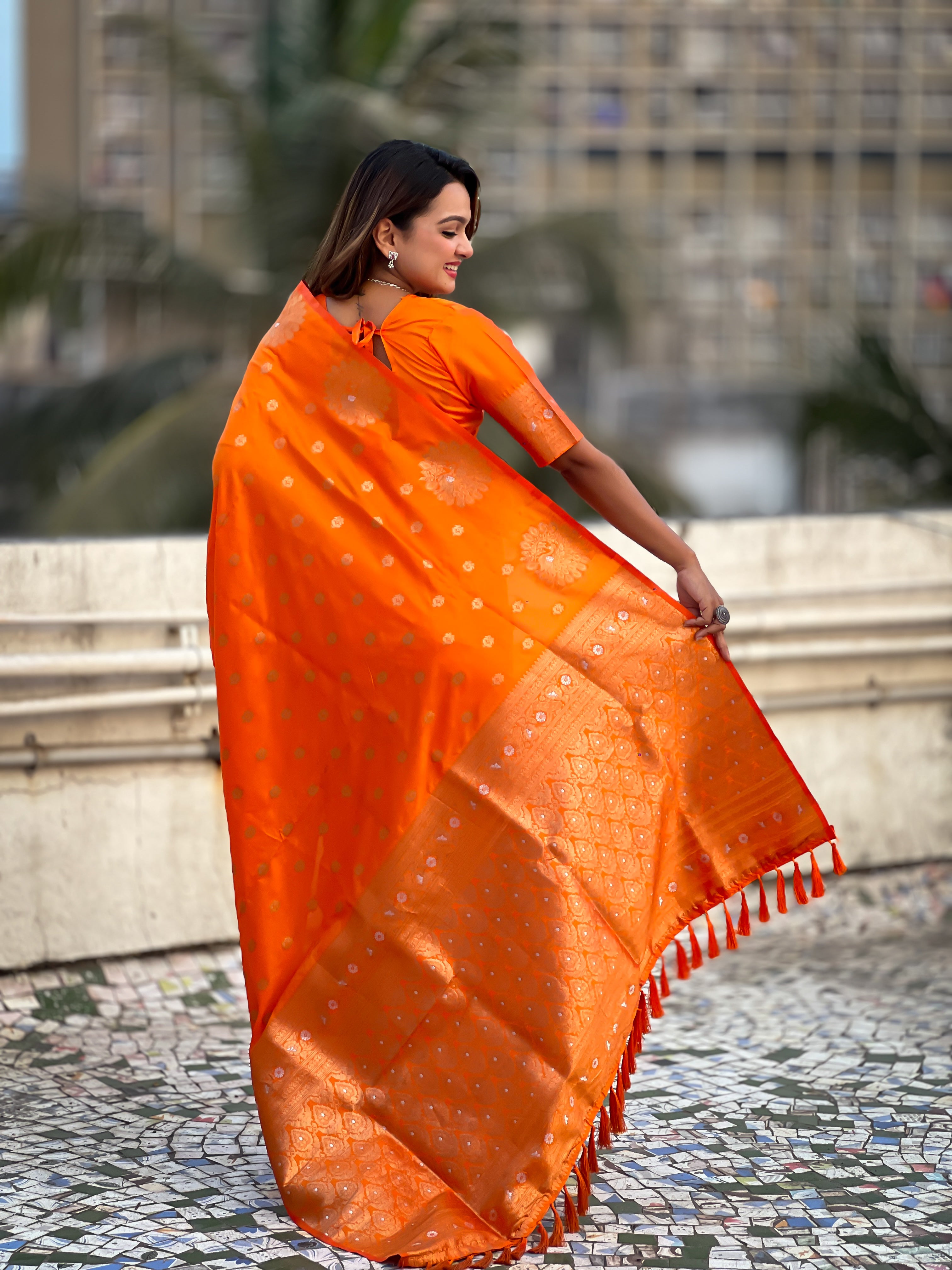 Orange Moonga Silk Woven Dual Jari Peacock Designer Heavy Festive Wear Saree