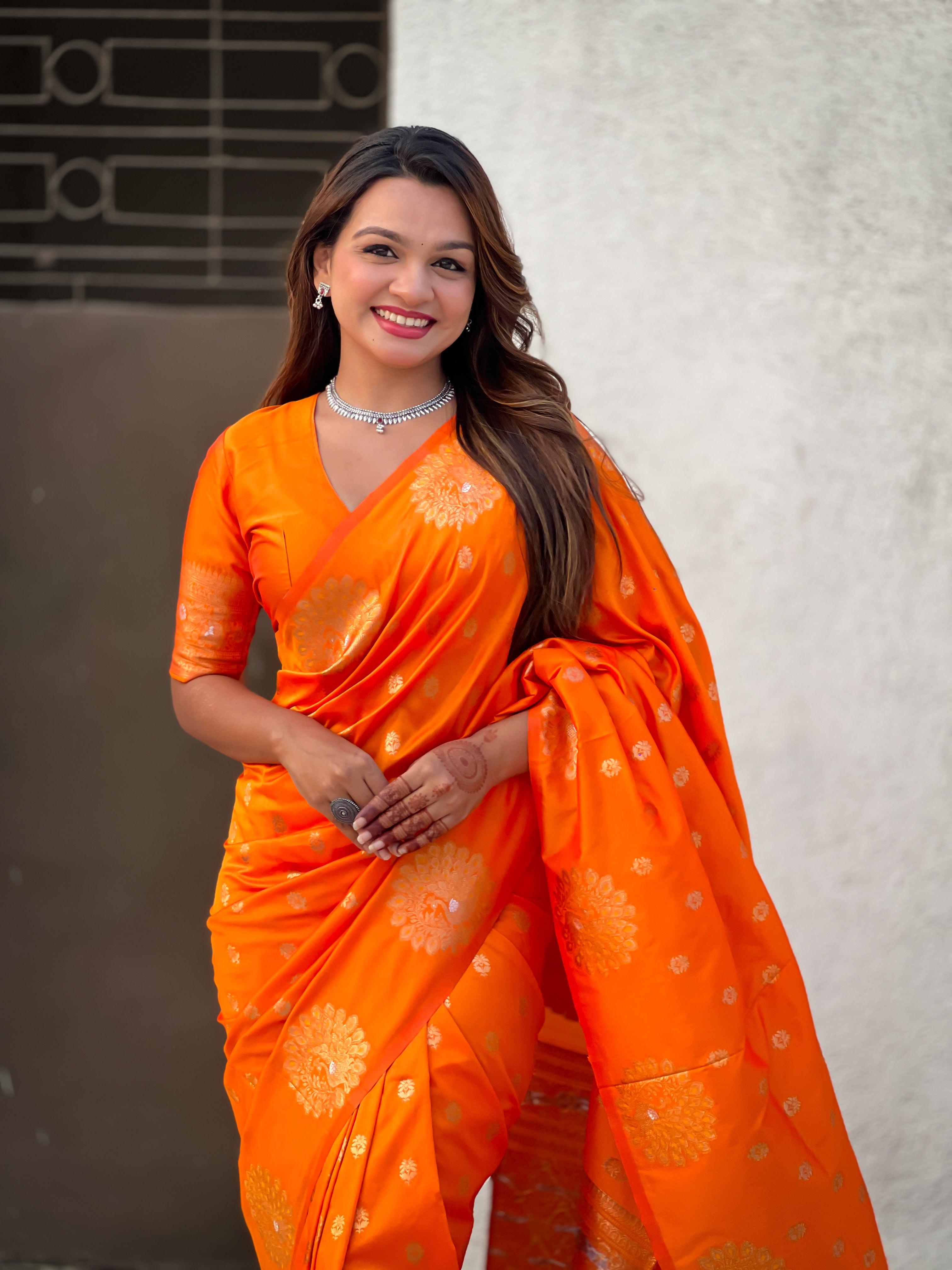 Orange Moonga Silk Woven Dual Jari Peacock Designer Heavy Festive Wear Saree
