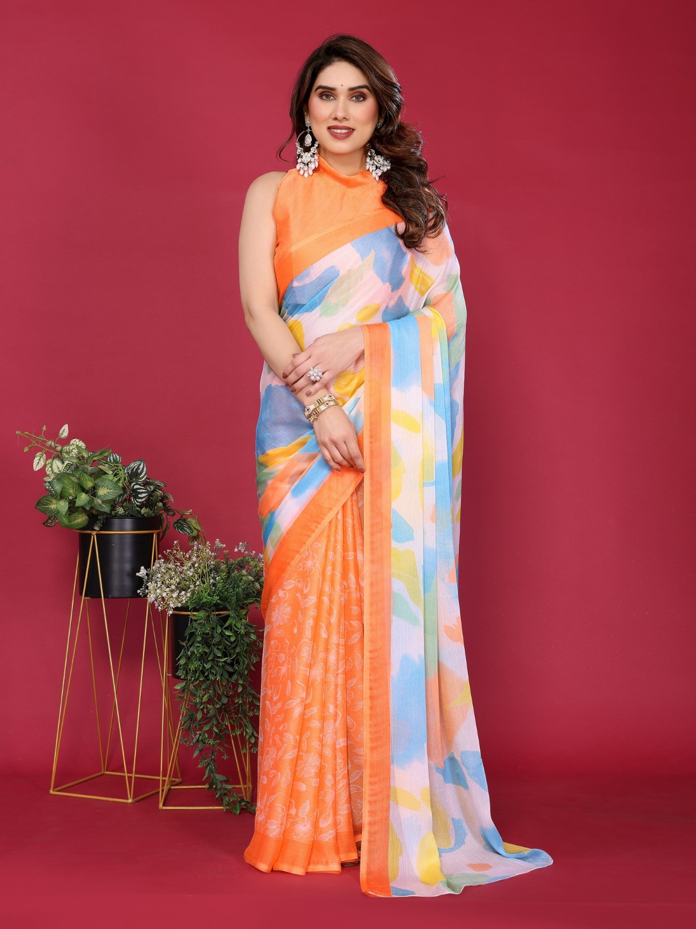 Orange Moss Chiffon Saree With Elegant Printed Design