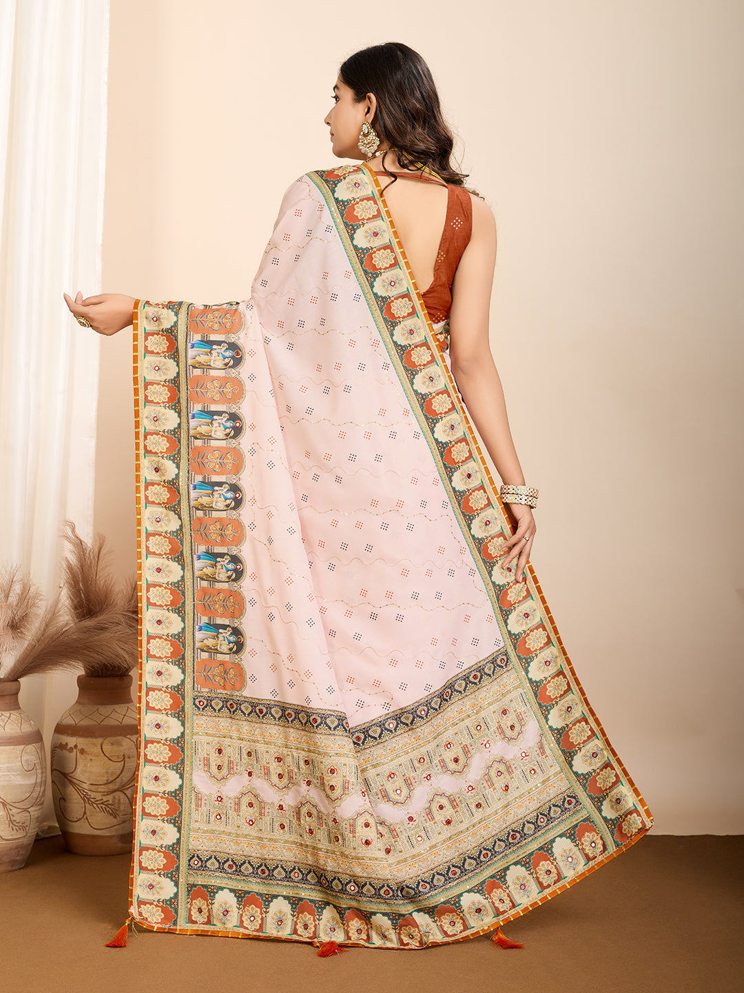 Orange Muslin Cotton Designer Digital Printed Ethnic Ceremonial Saree