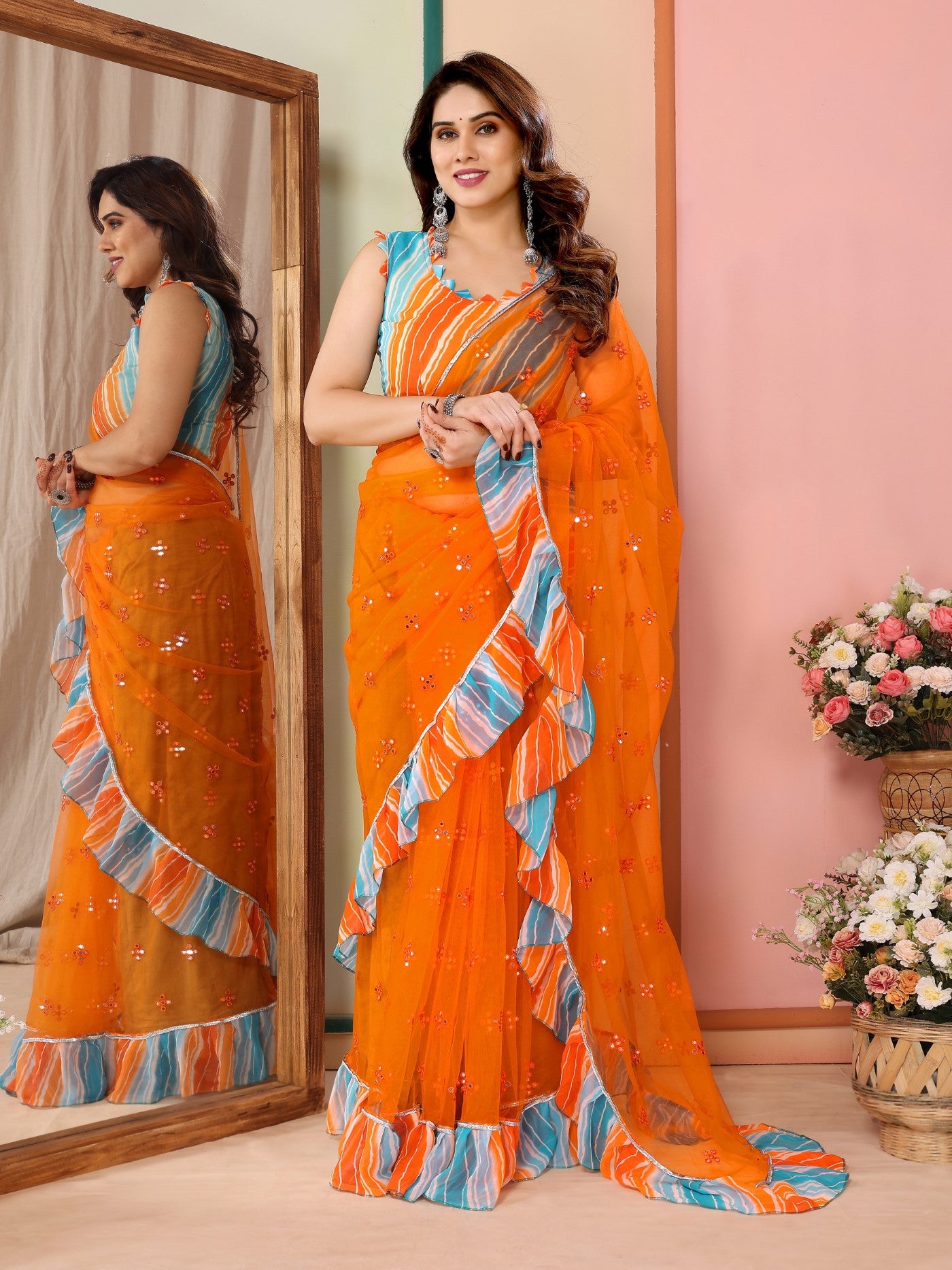 Orange Net Saree with Mirror Work & Ruffle with Leheriya Blouse