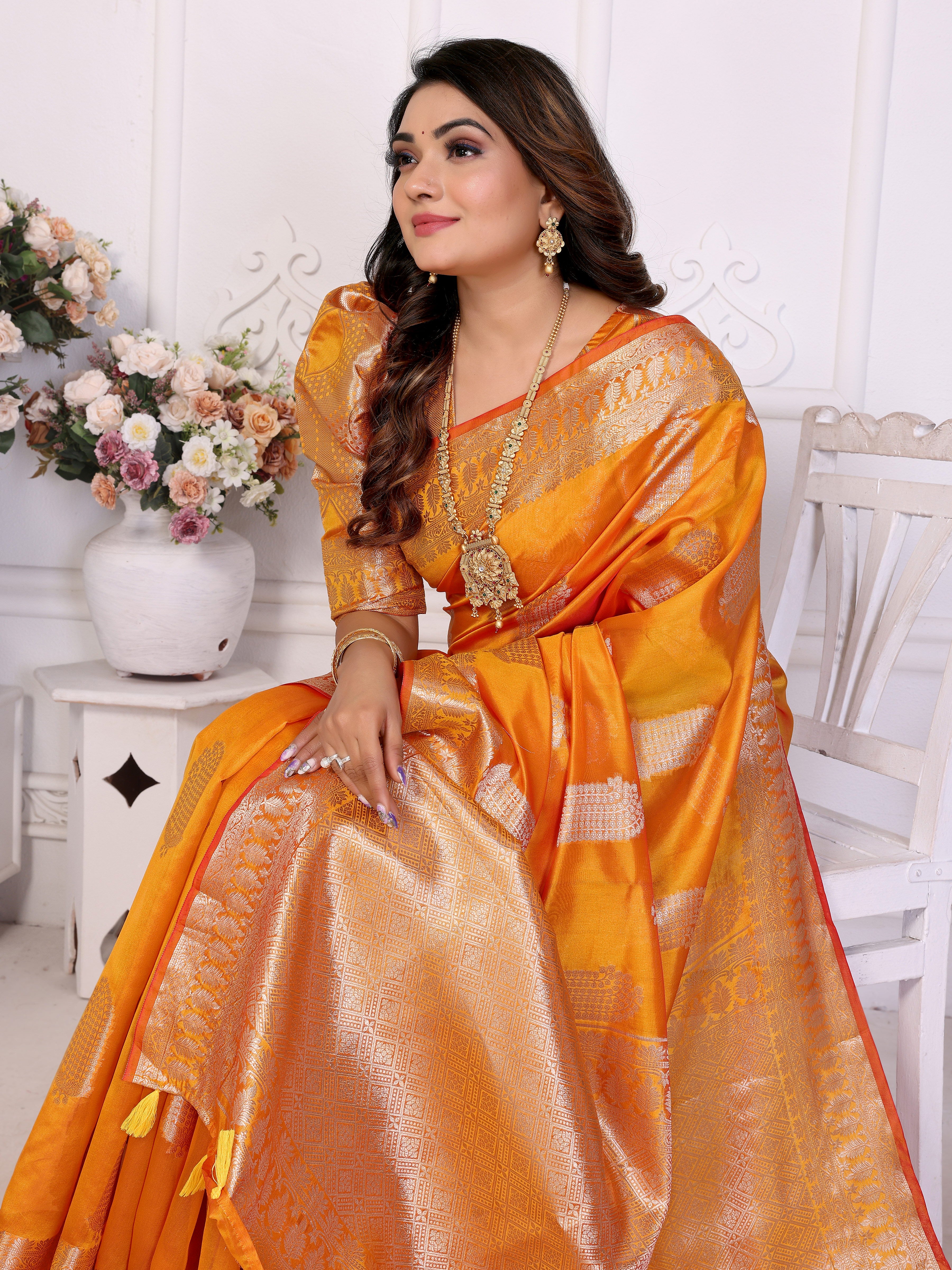 Orange Organza Gold Zari Designer Beautiful Festive Saree