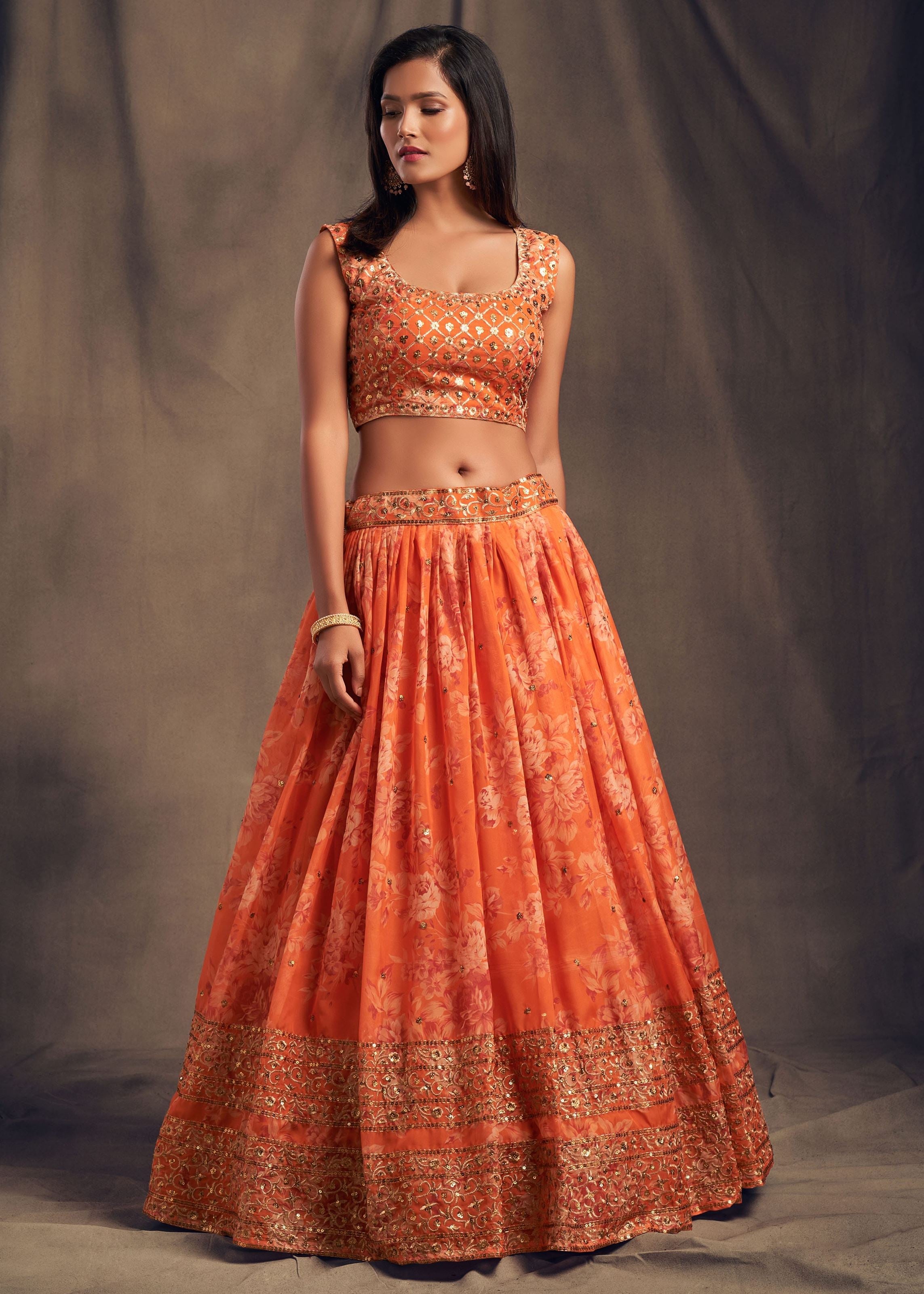 Orange Organza Lehenga Choli With Sequins Zari Embroidery Work